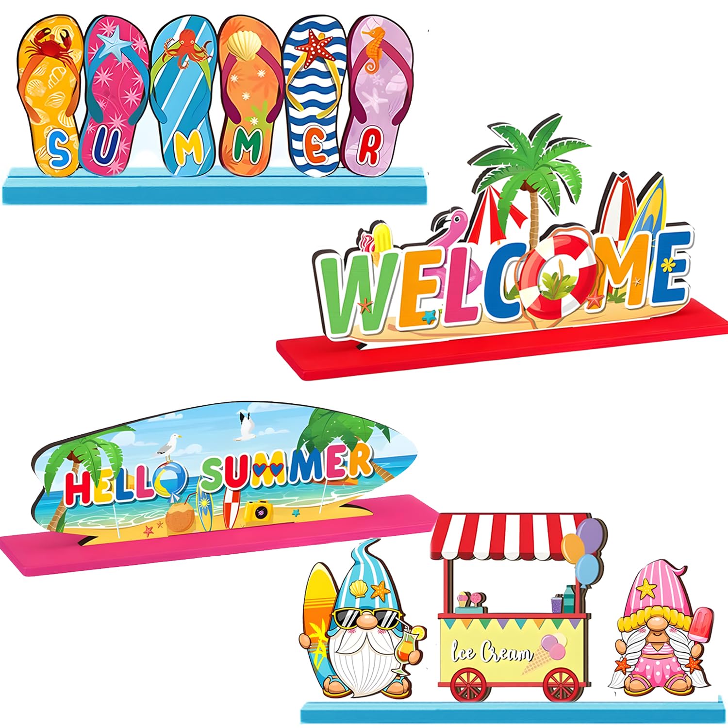 Summer Table Sign Decorations Centerpieces 4 Pcs Wood Desktop Decor for Kitchen Home Party Supplies