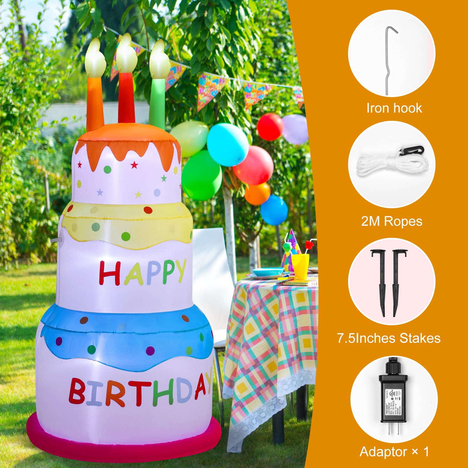 InfleasJoiy 6FT Happy Birthday Inflatable Cake with Candles, Built-in LED Lights, Suitable for Indoor Outdoor Yard Lawn Decorati