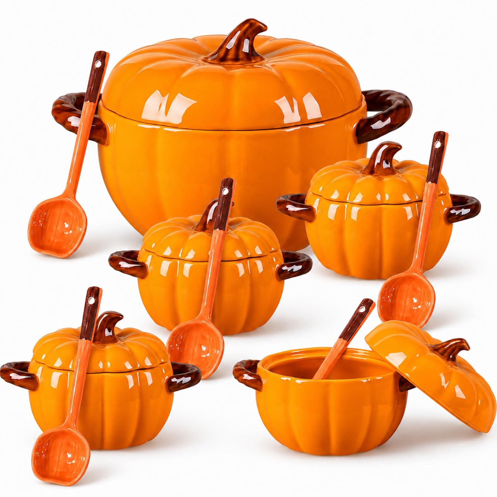 Set of 5 Ceramic Pumpkin Bowls, PumpkinShaped Soup Serving Pot Storage Jar with Lid and Spoon for Baking, Fall, Thanksgiving, H