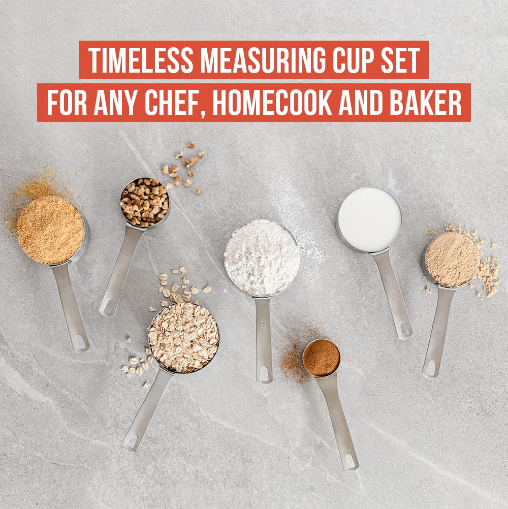Chef Pomodoro Stainless Steel Measuring Cup Set, Nested And Stackable With 7 Pieces, Sturdy Extra-Long Handles With Lasered Mark