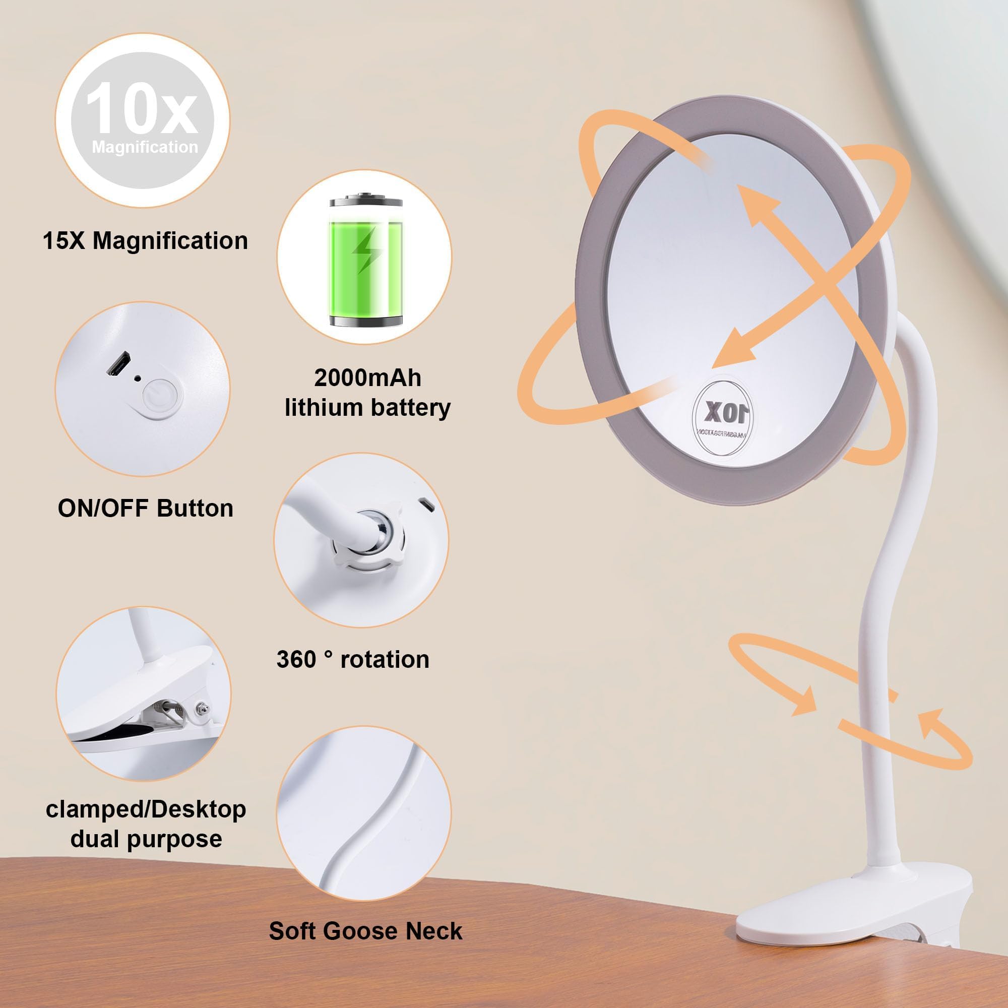 6.5'' Clip On Magnifying Vanity Mirror With Light, 5X Magnifying Clip-On Gooseneck Vanity Mirror, 2000Mah Usb Magnifying Mirror
