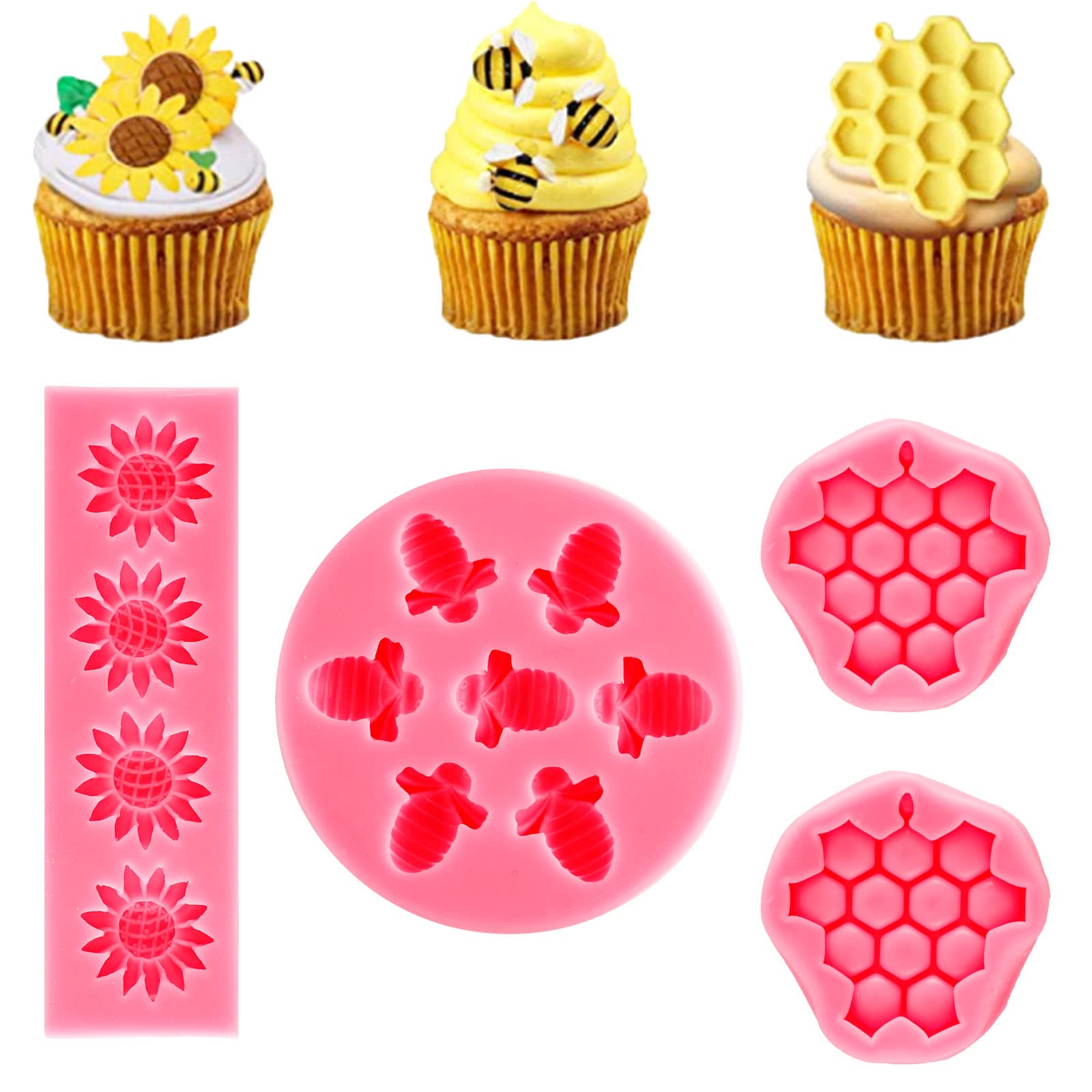 4Pieces Sunflower Honeycomb And Bee Theme Cake Silicone Mold Set For Cake Decoration Cupcake Toppers Diy Chocolate Fondant Candy