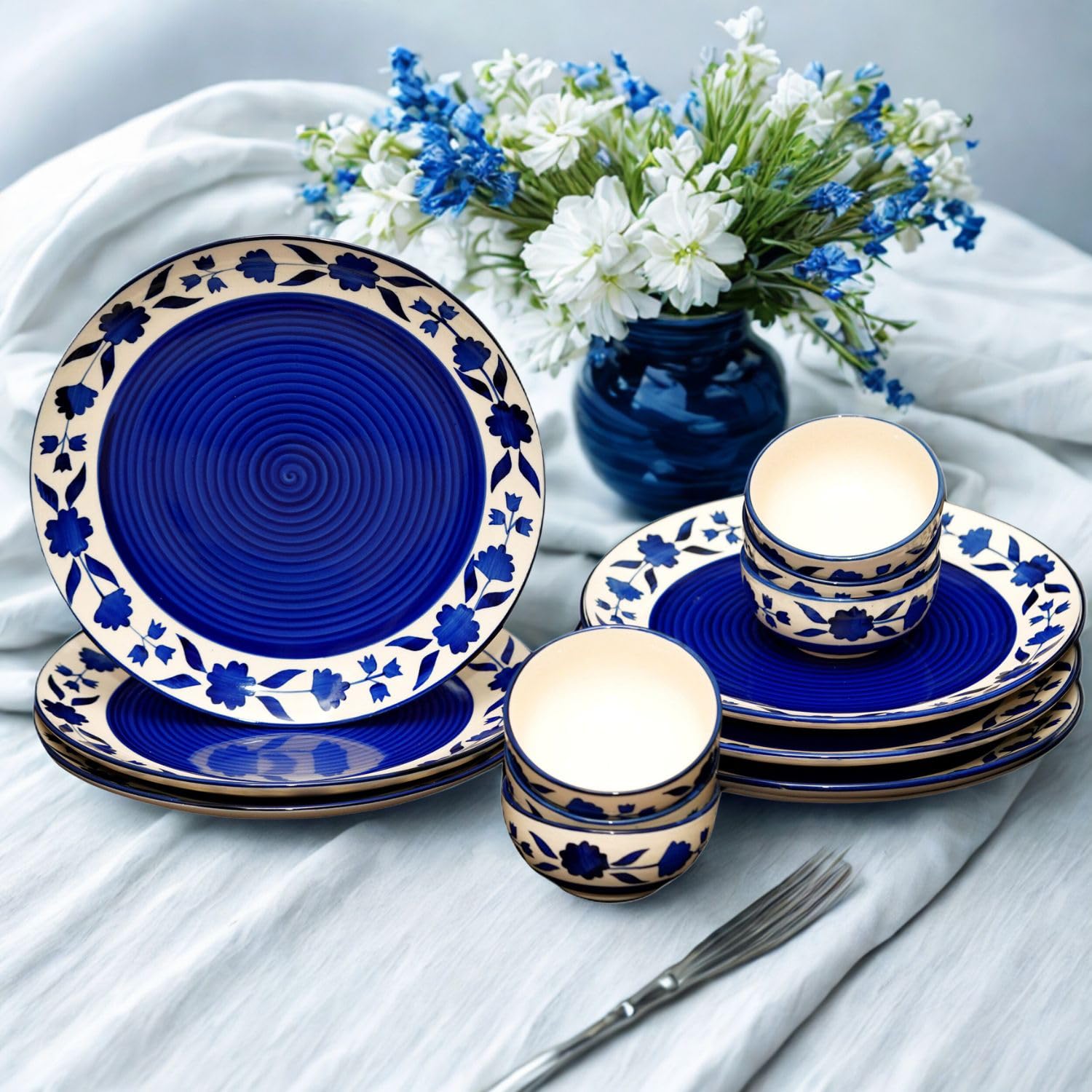 Yourowndcor Handcrafted Ceramic Blue Floral 12 Pieces Dinner Set - 6 Full Plate 10 inch, 6 Serving Bowls 4 inch| Microwave Safe,