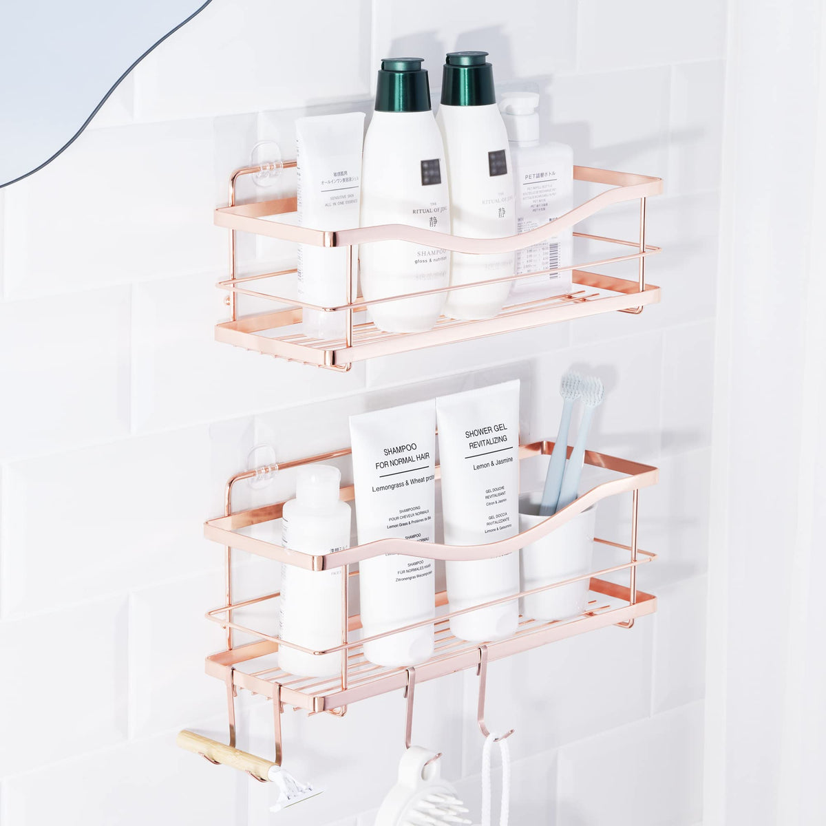 Kincmax Shower Shelves 2-Pack - Premium Self Adhesive Shower Caddy W/ 4 Hooks - No Drill Large Capacity Stainless Steel Wall She