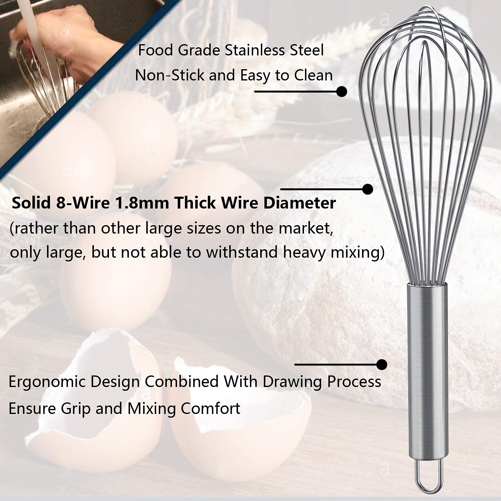 Whisks For Cooking, 3 Pack Stainless Steel Whisk For Blending, Whisking, Beating And Stirring, Enhanced Version Balloon Wire Whi