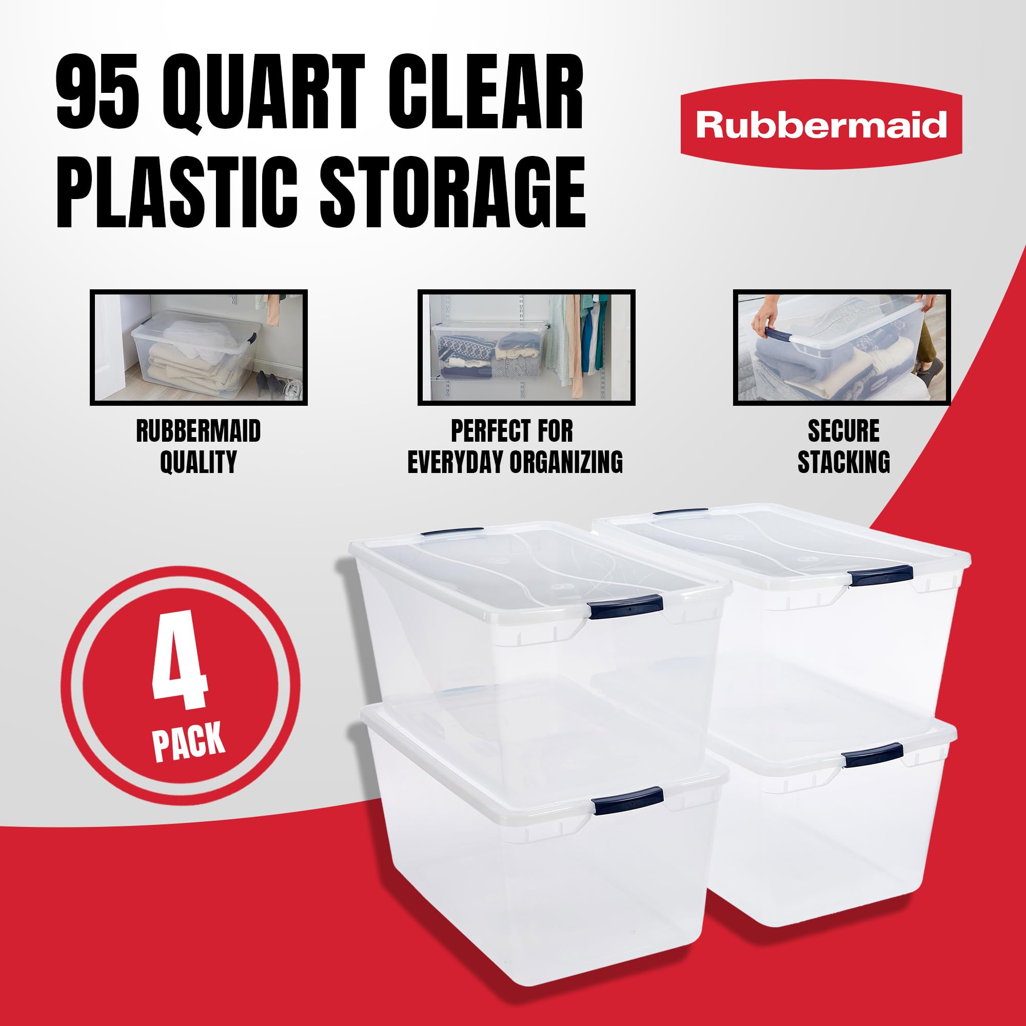Rubbermaid Cleverstore Clear 95 Qt, 4-Pack, Made In Usa, Stackable Large Clear Storage Bins With Lids, See-Through Plastic Stora
