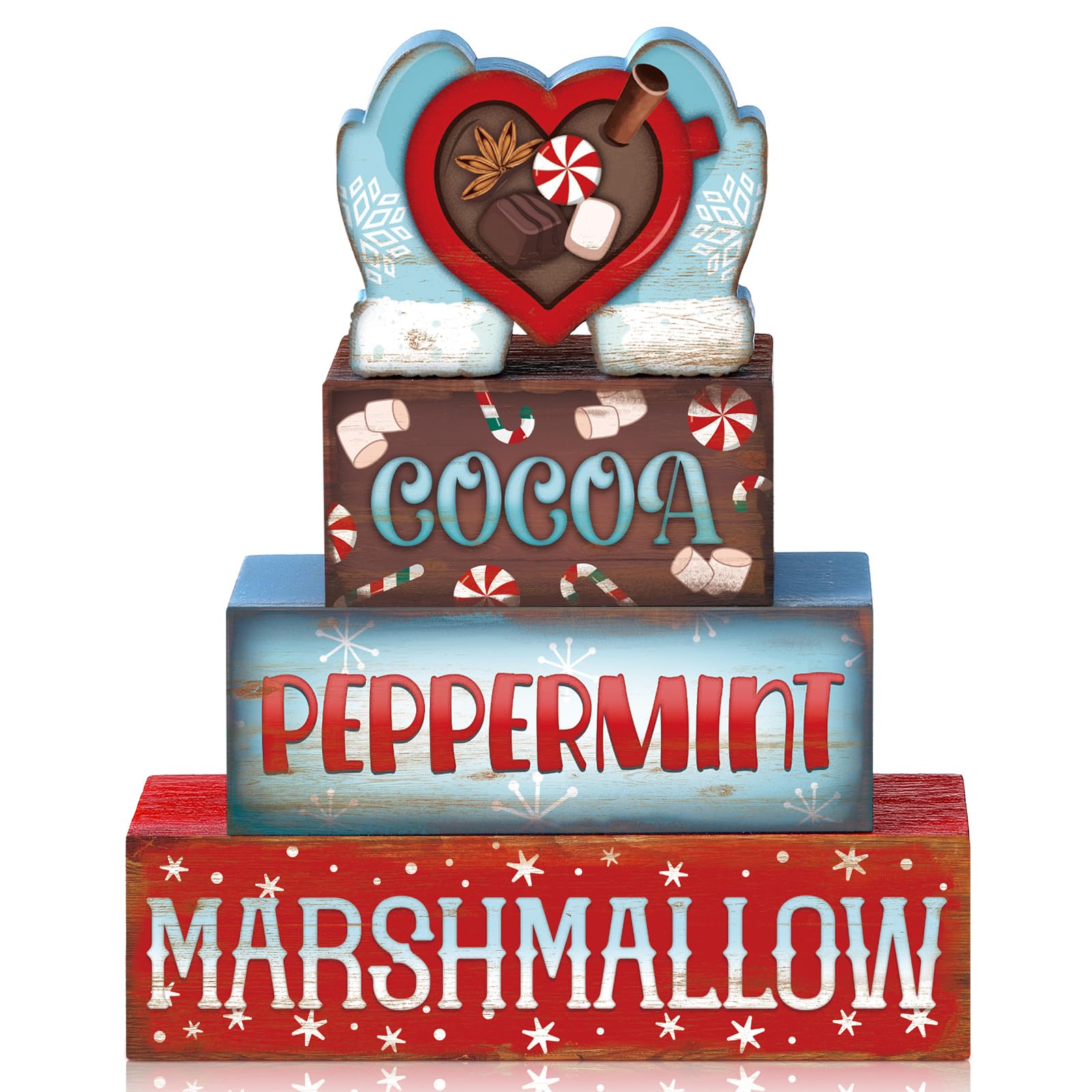 Moucuny 4 Pcs Winter Hot Cocoa Table Decor Christmas Wooden Decorative Signage Winter Tiered Tray Decor Centerpieces Farmhouse W