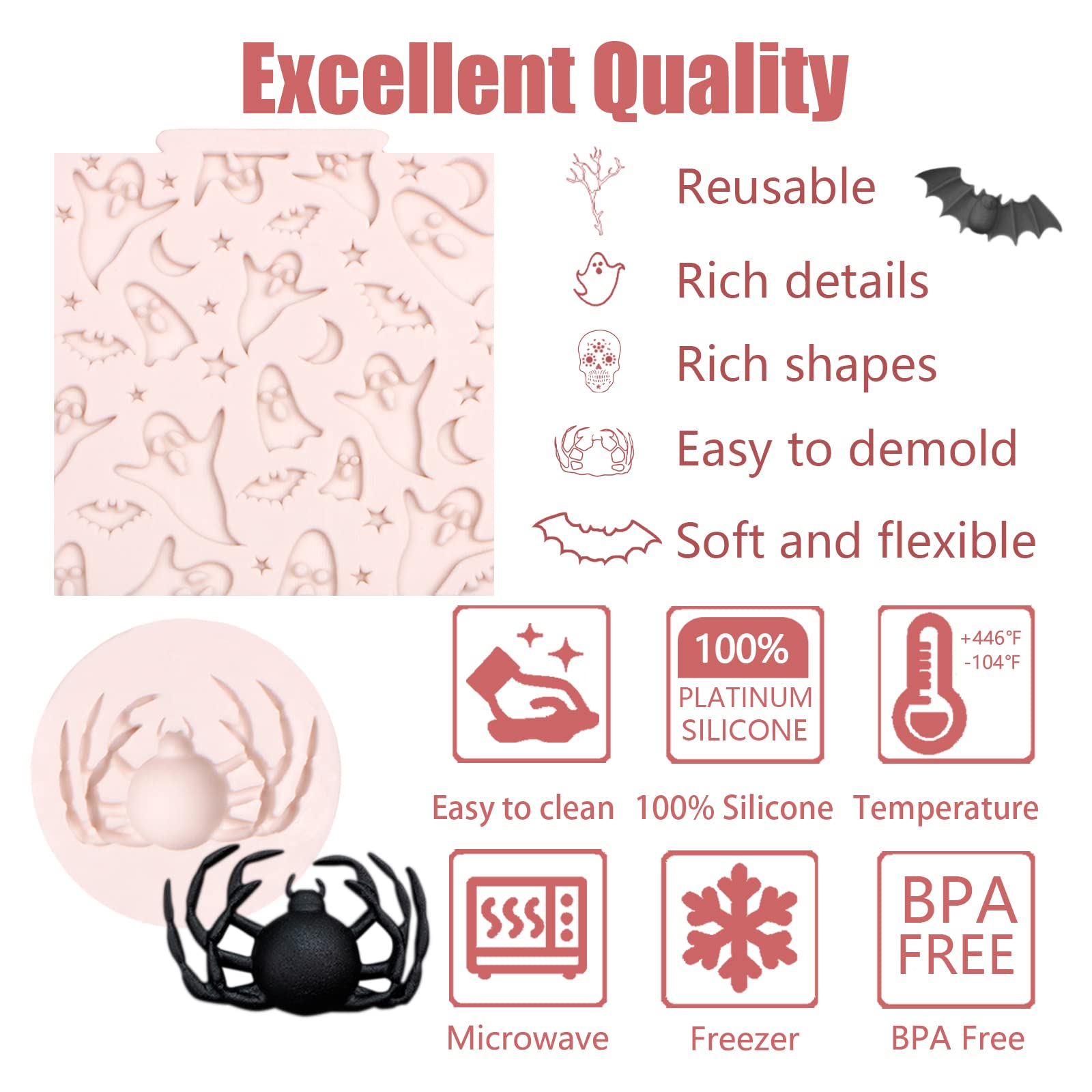 Halloween Bat Silicone Molds 6 Pcs, Pumpkin Spider Ghost Fondant Mold Skull Twigs Cake Mold For Chocolate Cake Decoration Candy