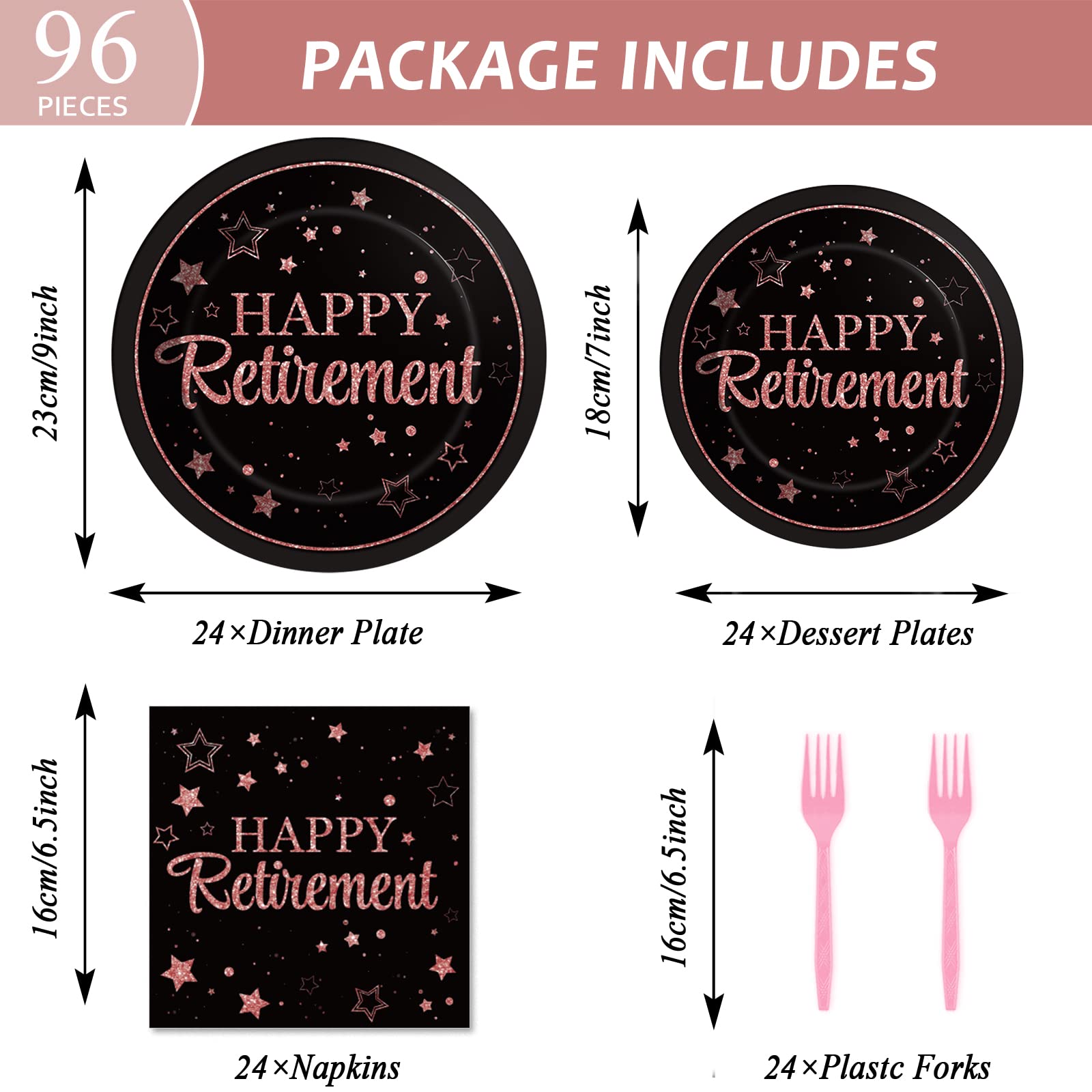 Wiooffen 96 Pcs Retirement Party Plates Napkins Tableware Set Rose Gold Happy Retirement Supplies Disposable Dinnerware Decorati