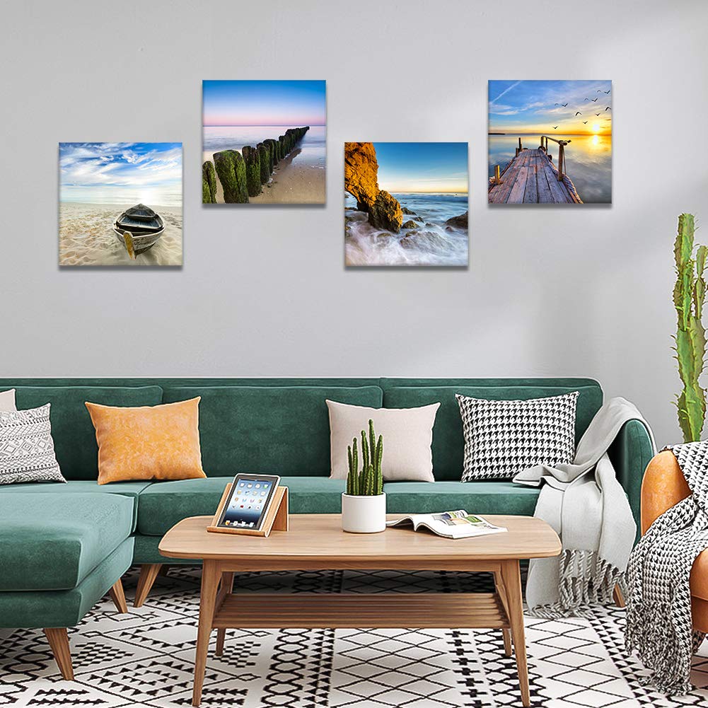 Artscope 4 Pieces Canvas Prints Wall Art - Wooden Boats, Stakes And Piers On The Beach Picture Painting- Modern Wall Artwork Fra