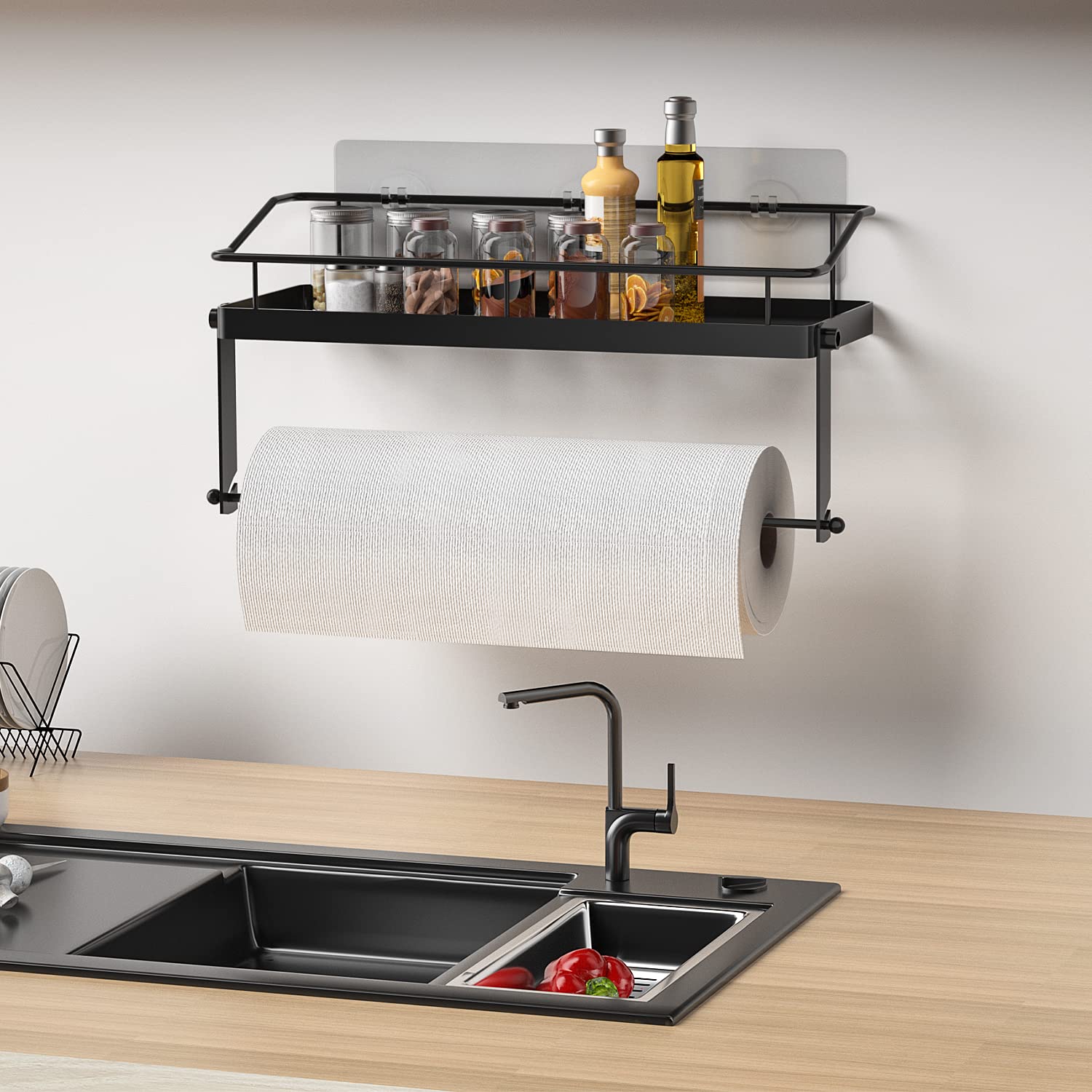 Paper Towel Holder Shelf, 2 In 1 Kitchen Spice Rack With Adhesive Black Paper Towel Holder For Bathroom, Stainless Steel Paper T