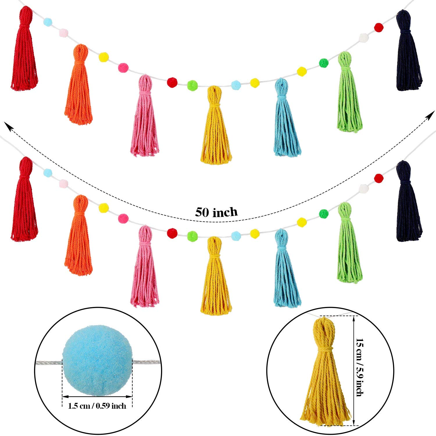 Syhood 3 Pcs Colorful Boho Tassel Garland Rainbow Pom Pom Each 50   Colorful Tassel Garland Classroom Decoration Boho Banner for