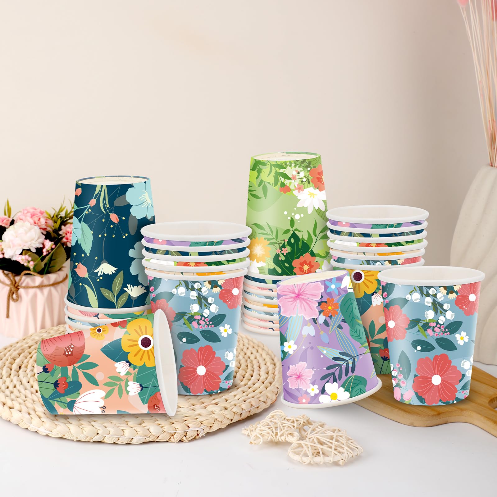 Disposable Paper Cup 9Oz 48 Pcs - 6 Unique Floral Designs Drinking Cup, Perfect For Spring Birthday Parties, Easter, Bridal Show