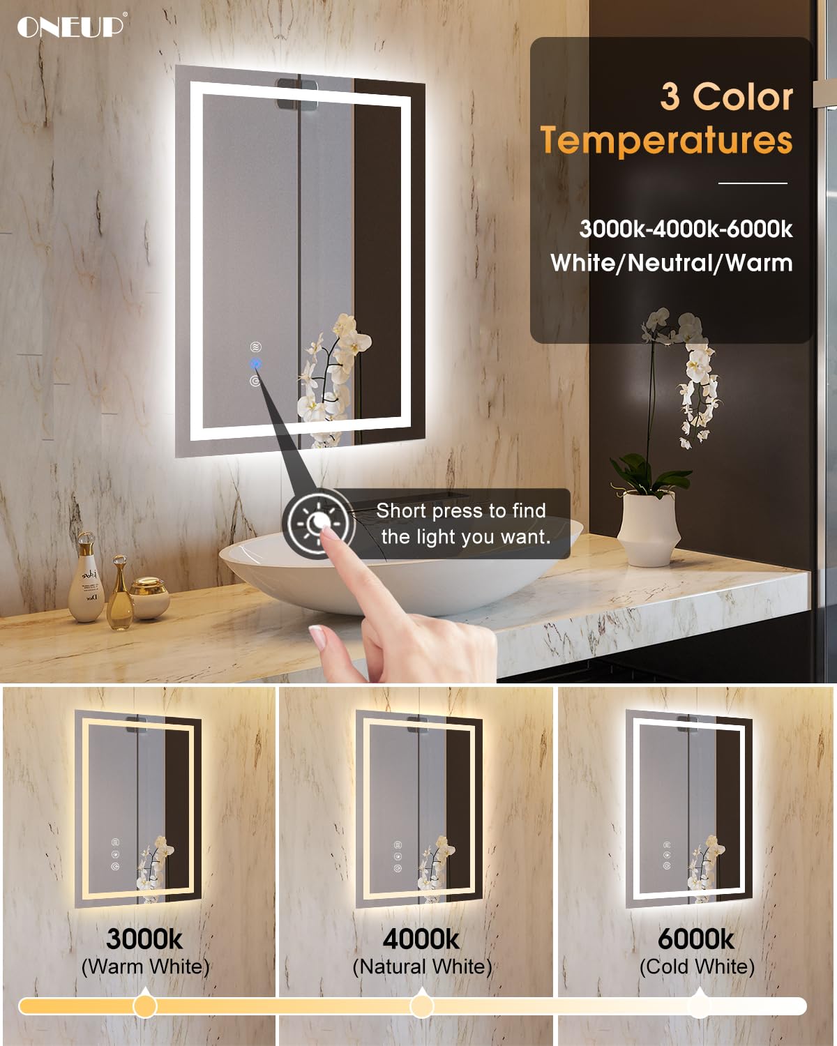 Oneup 16X24''Small Bathroom Mirror With Lights,Front Lighted Bathroom Mirror For Wall,Stepless Dimmable,Anti-Fog,Modern Led Vani