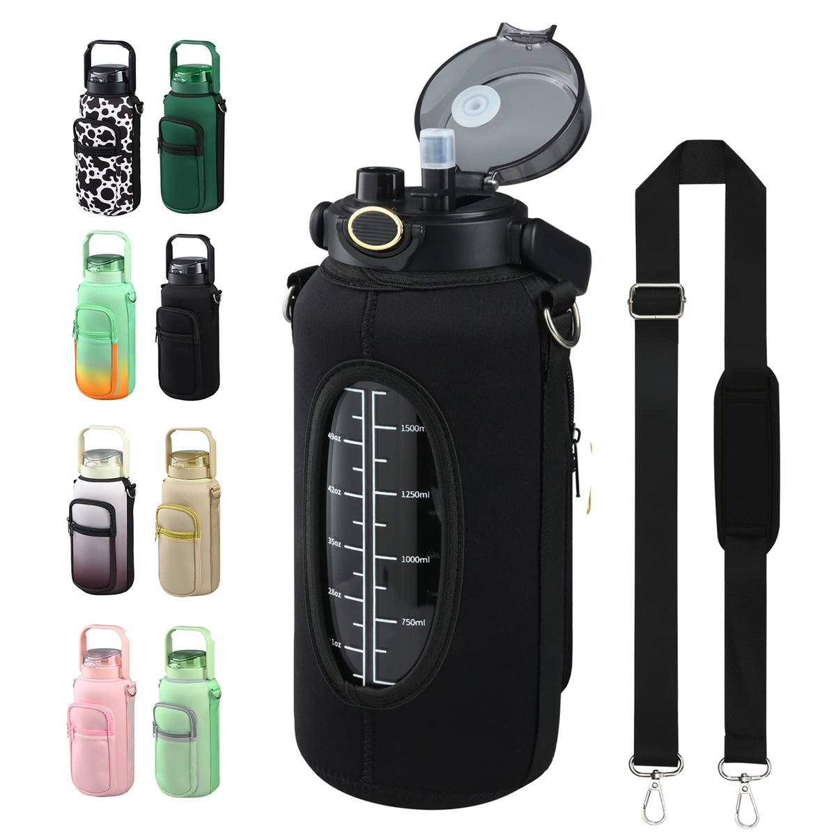 Chunmo Half Gallon 64Oz Glass Water Bottle With Straw And Storage Sleeve Motivational Water Bottle With Strap And Time To Drink