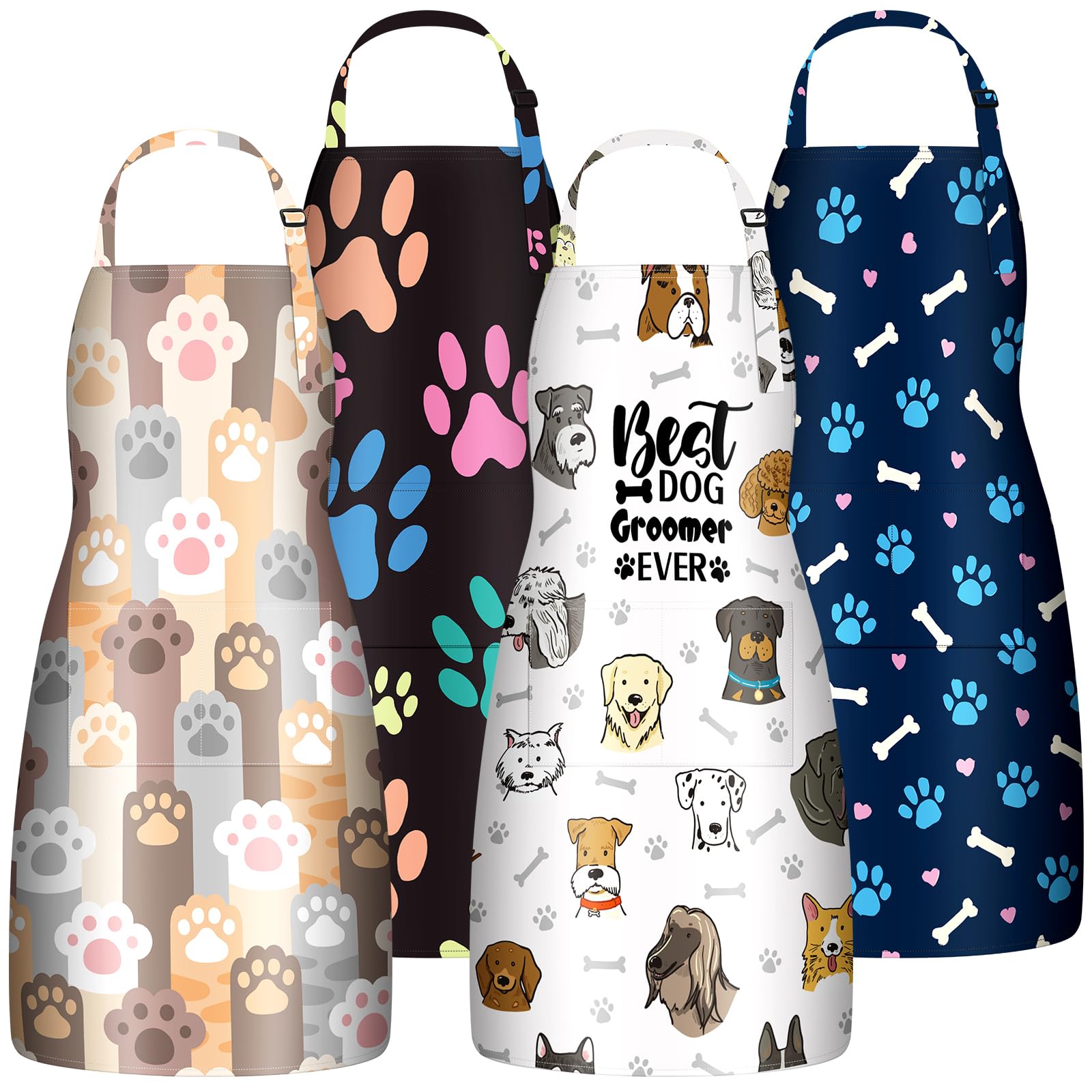 Shyyween 4 Pcs Dog Grooming Waterproof Apron With 2 Pockets, Cute Puppy Dog Pets Apron For Women Men