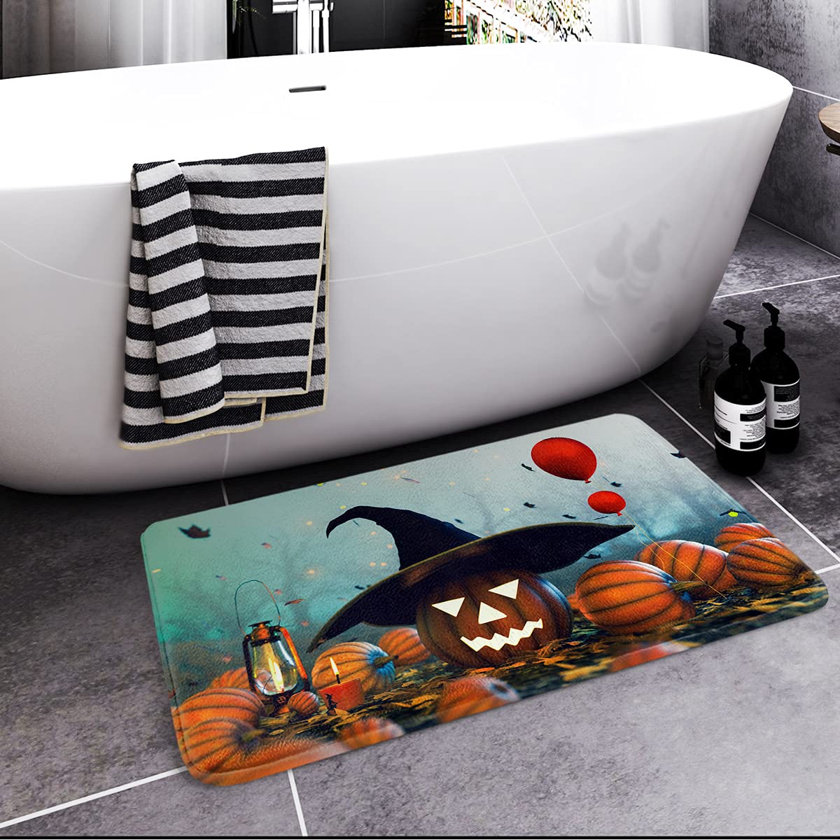 Britimes Bath Mat for Bathroom, No Slip, Halloween Green and Blue Washable Cover Floor Rug Carpets Floor Mat Bathroom Decoration