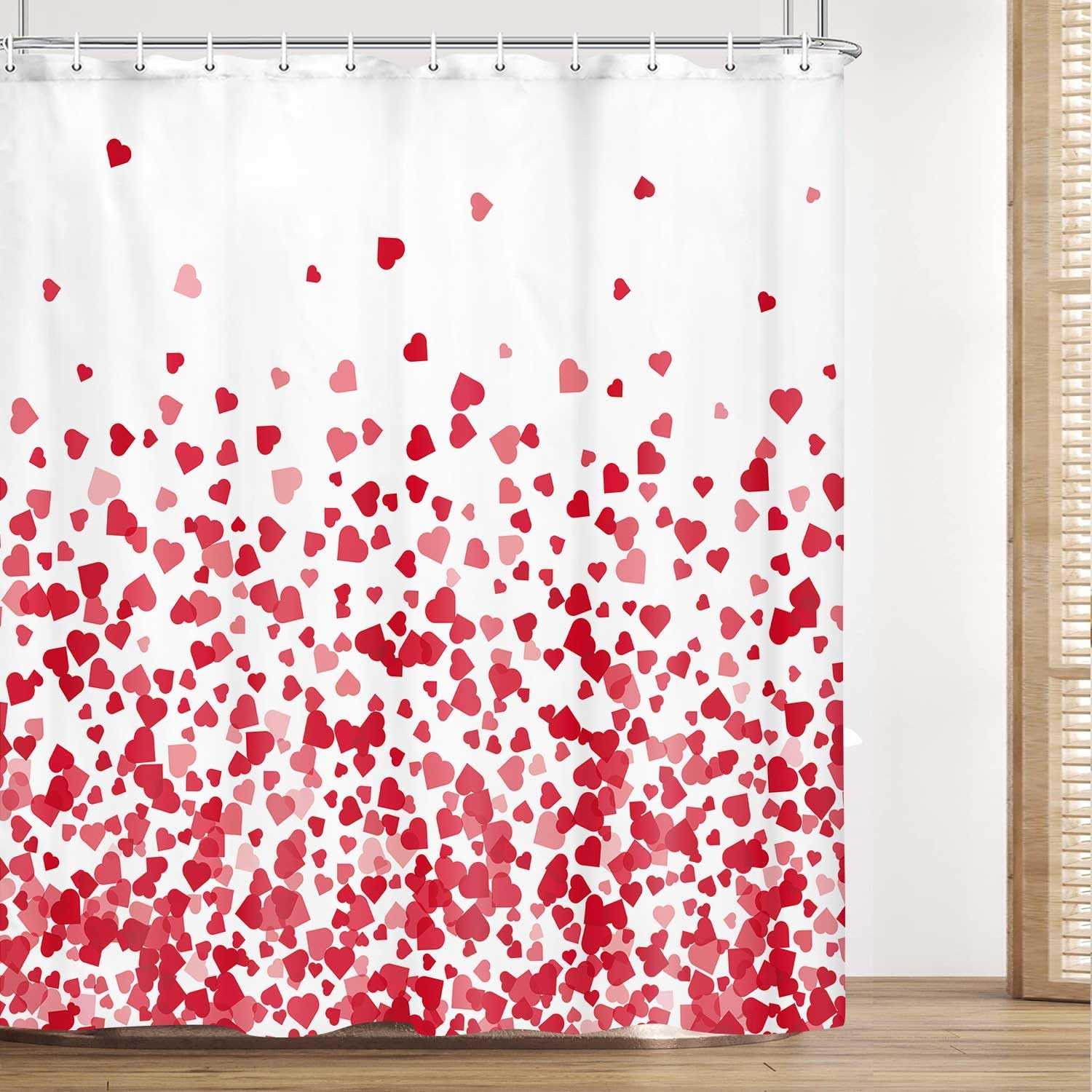 Jawo Heart Shower Curtain, Valentine'S Day Falling Red Heart Fabric Bathroom Curtain And Hooks, Valentine'S Day Pink Love Waterp