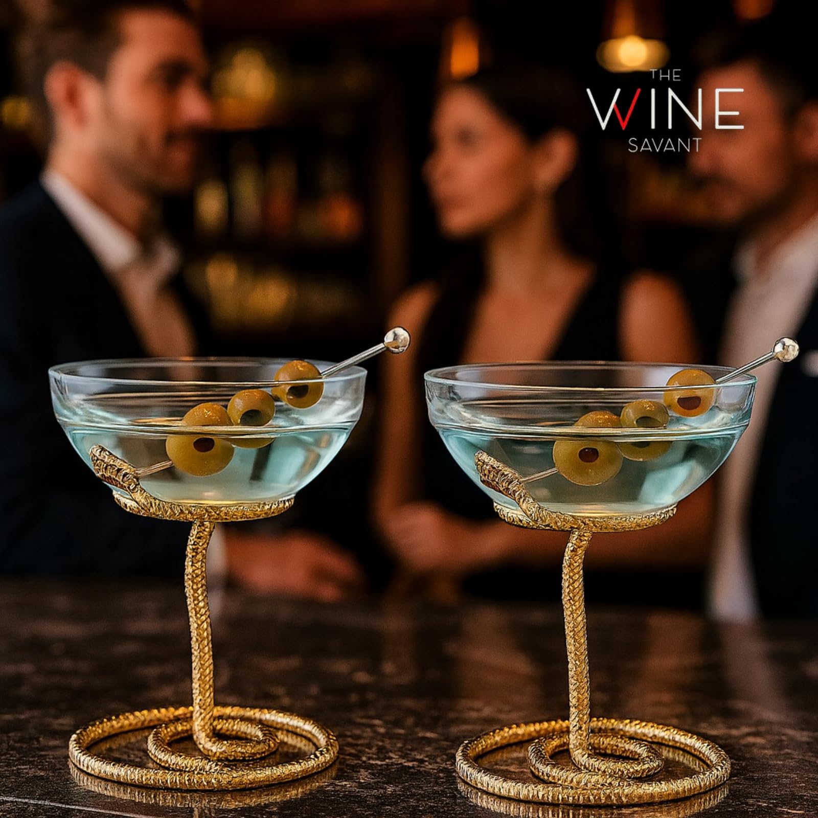Snake Serpent Cocktail Glasses - 2 Set Gold Design Unique Reptile Inspired Barware