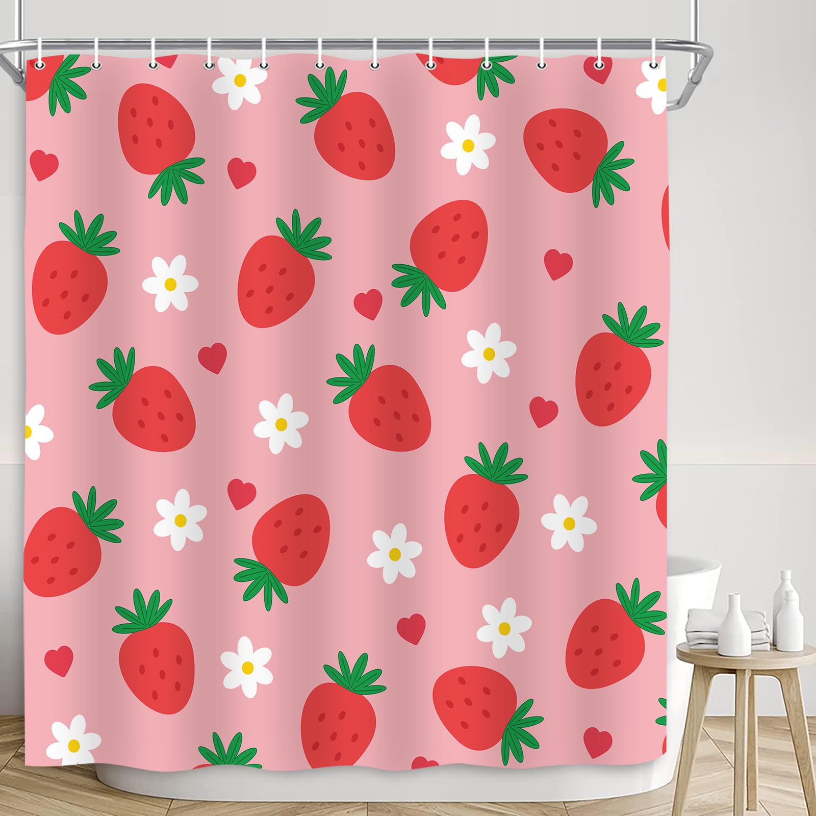 Itapnoom Strawberry Shower Curtain, Pink Lovely Heart Daisy Bath Curtain Decor, For Girl Kid Red Fruit Flora Polyester Fabric Wa