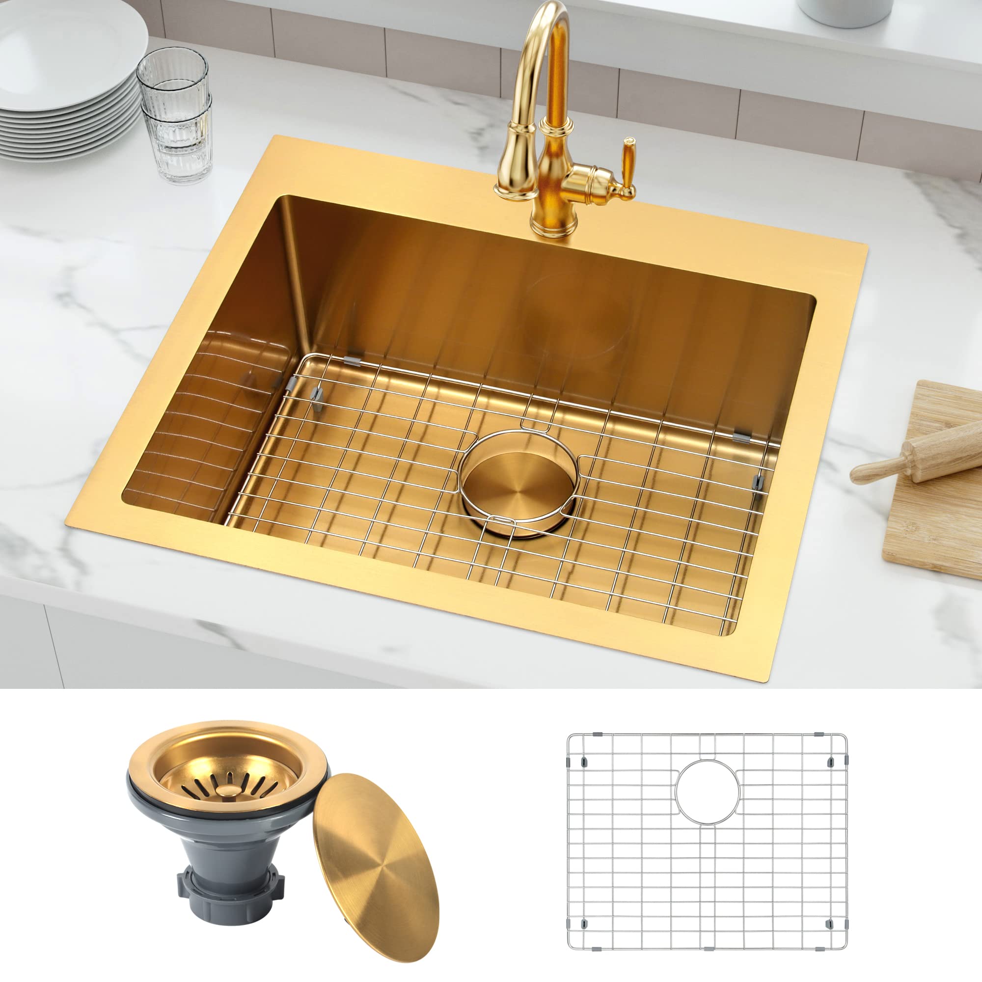 Monsinta 25 x 22 Stainless Steel Drop-In Bar Sink with Sink Protector and Strainer, Gold