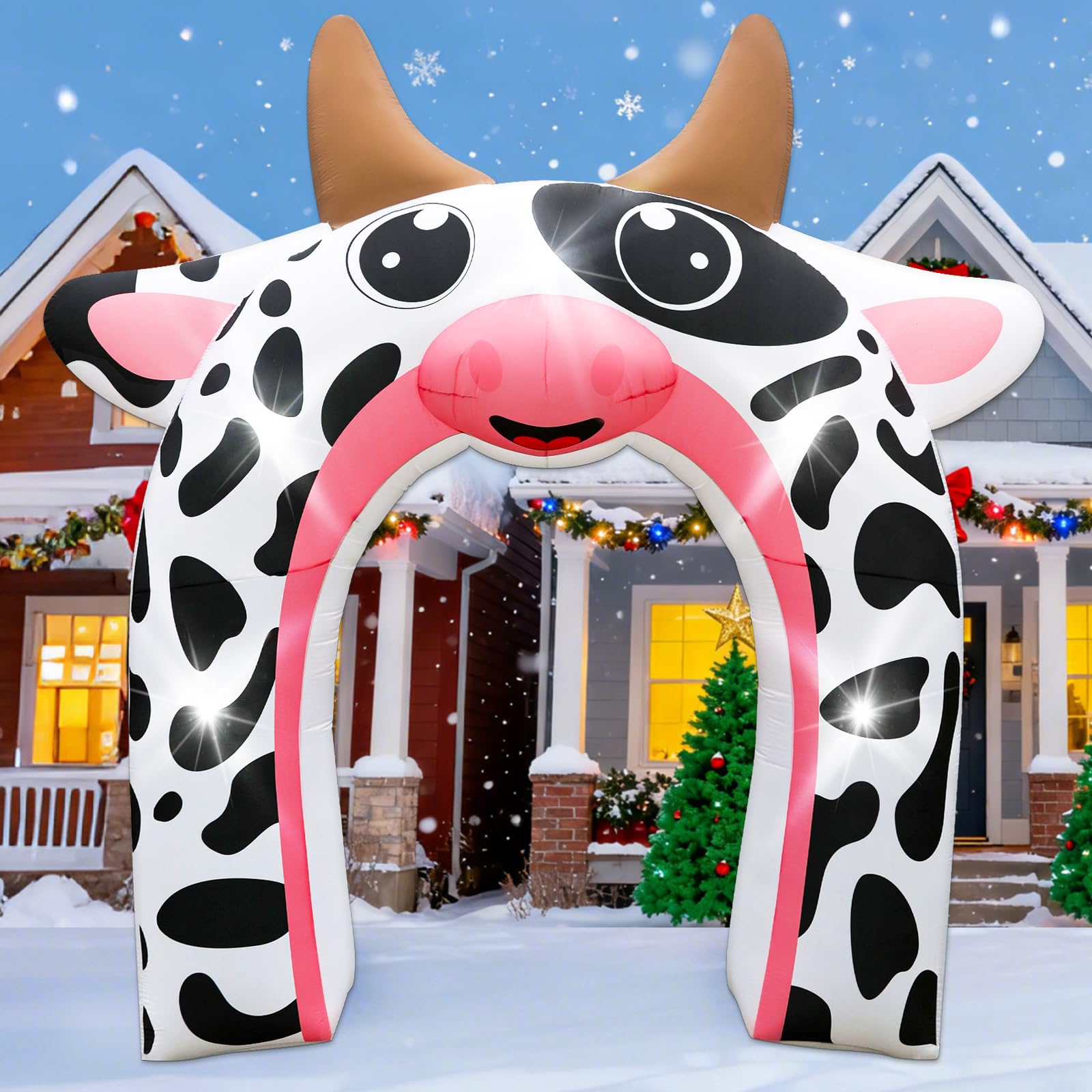 12FT Christmas Inflatable Cow Arch Outdoor Decorations Giant Cow Inflatables with Built-in 5 LED Lights Farm Animals Blow Up Gar