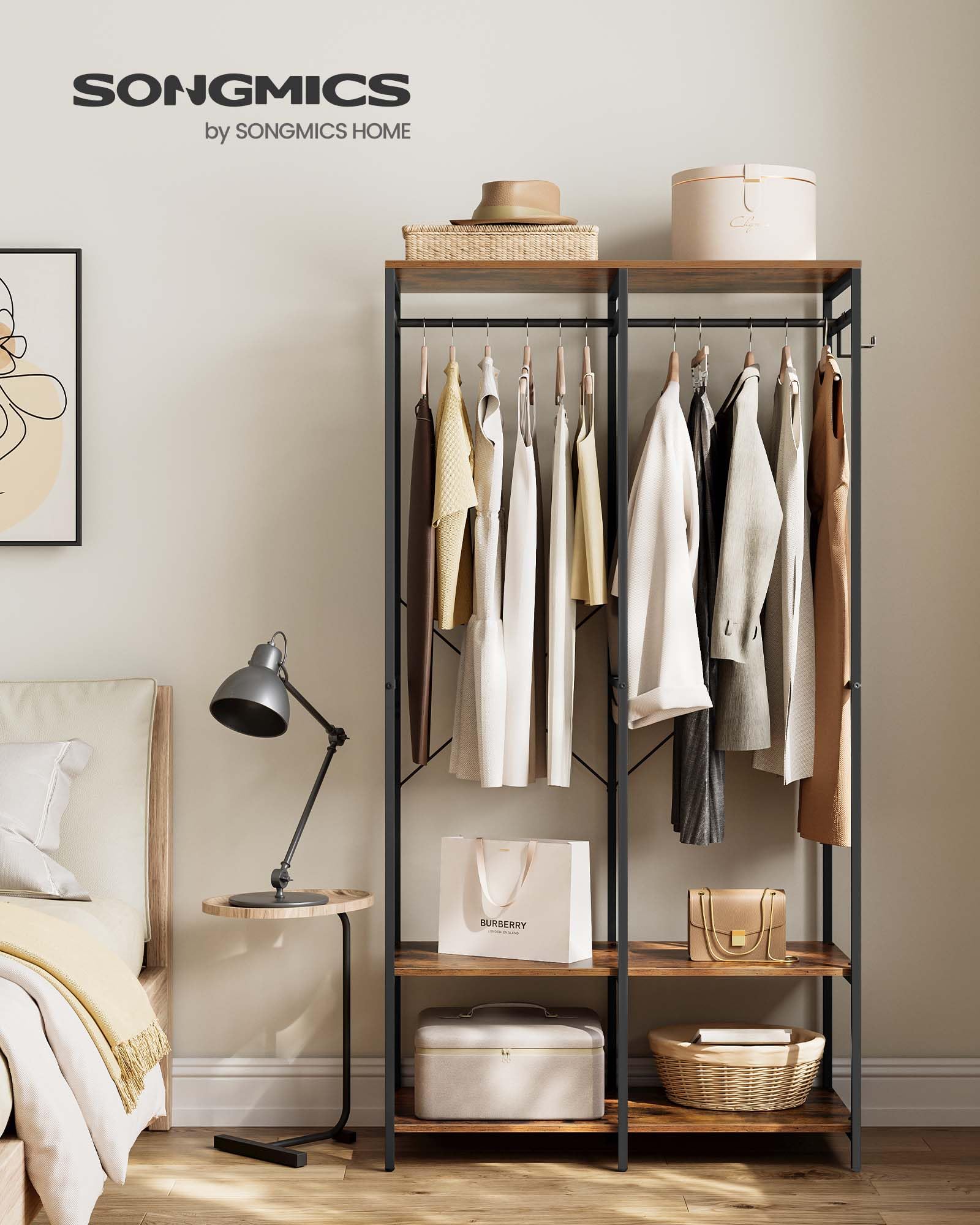 Songmics Clothes Rack, Iron And Wood Wardrobe Closet Organizer, Heavy Duty Garment Rack With Hanging Rods, Closet Shelves, Remov