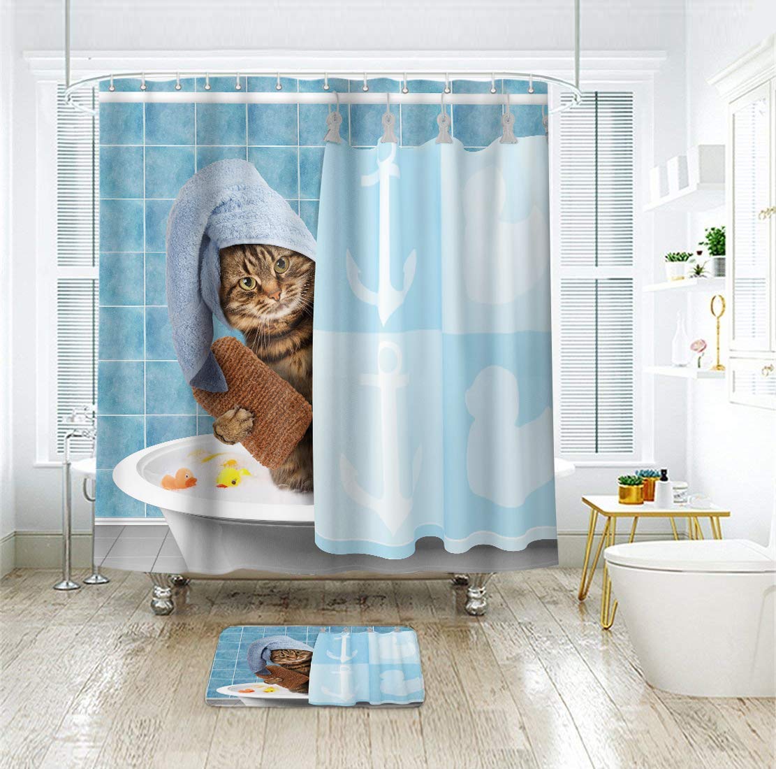 Riyidecor Funny Bathing Cat Shower Curtain 72Wx72H Kids Cute Cartoon Animal Kitten Yellow Rubber Duck Head 12 Pack Plastic Fabri