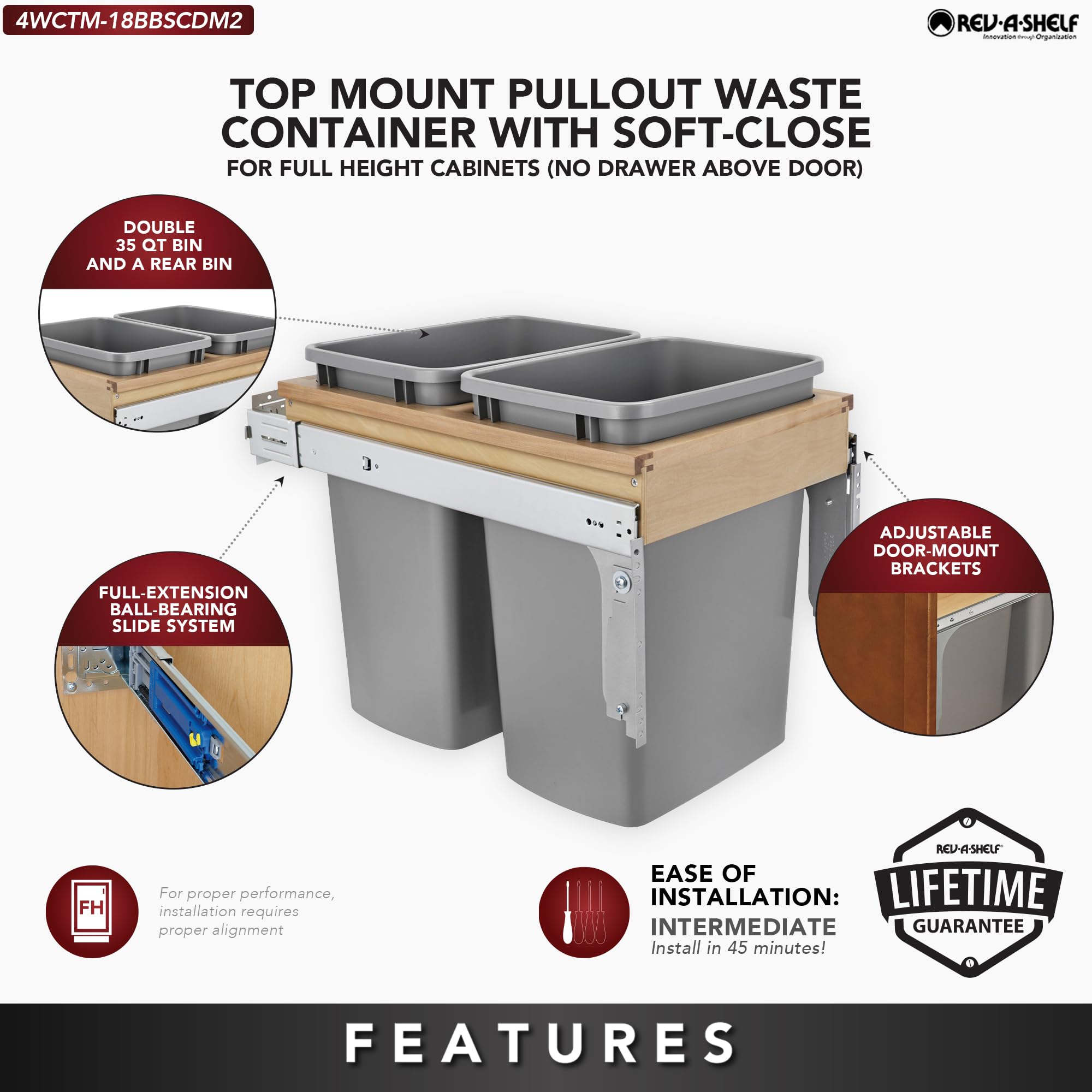 Rev-A-Shelf Double Pull Out Under Cabinet Trash Can W/Soft-Close, 35 Qt Garbage Bin For 15'' X 1.5'' Face Frame, Silver, 4Wctm-1