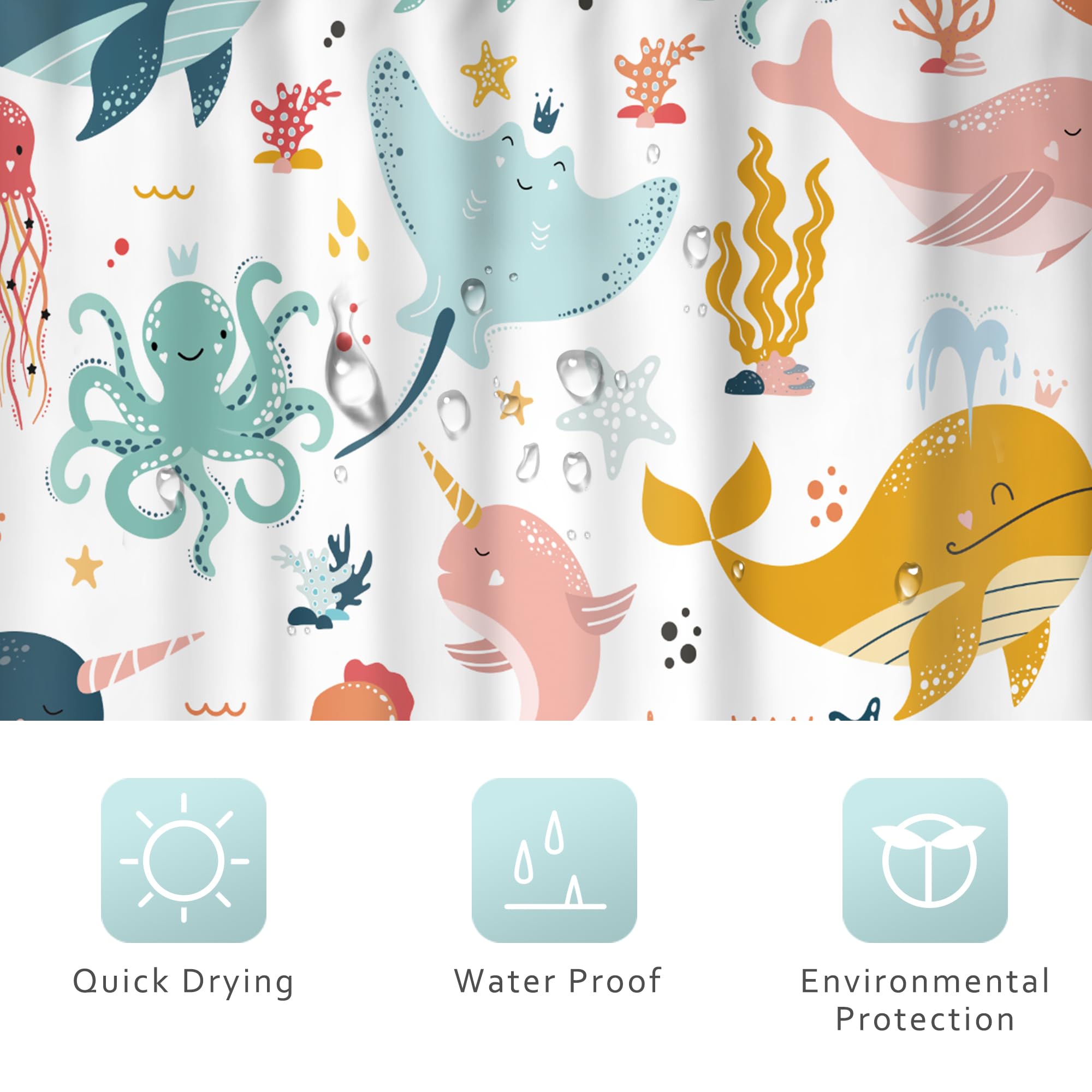 Riyidecor Funny Whale Kids Shower Curtain 60Wx72H Inch Cartoon Dolphin Curtains Cute Sea Marine Animal Ocean Fish Undersea Seali