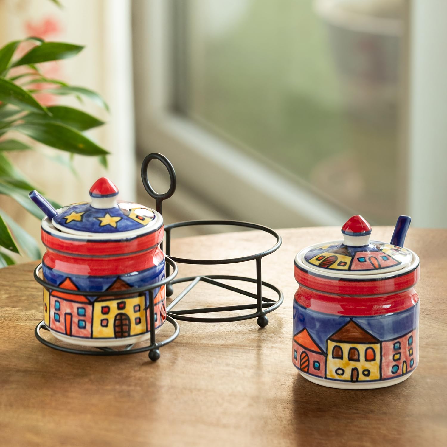Exclusivelane Night Huts Ceramic Pickle Jars For Dining Table With Spoon & Iron Holder (Set Of 2, NonAirtight, 220 Ml) | Pick