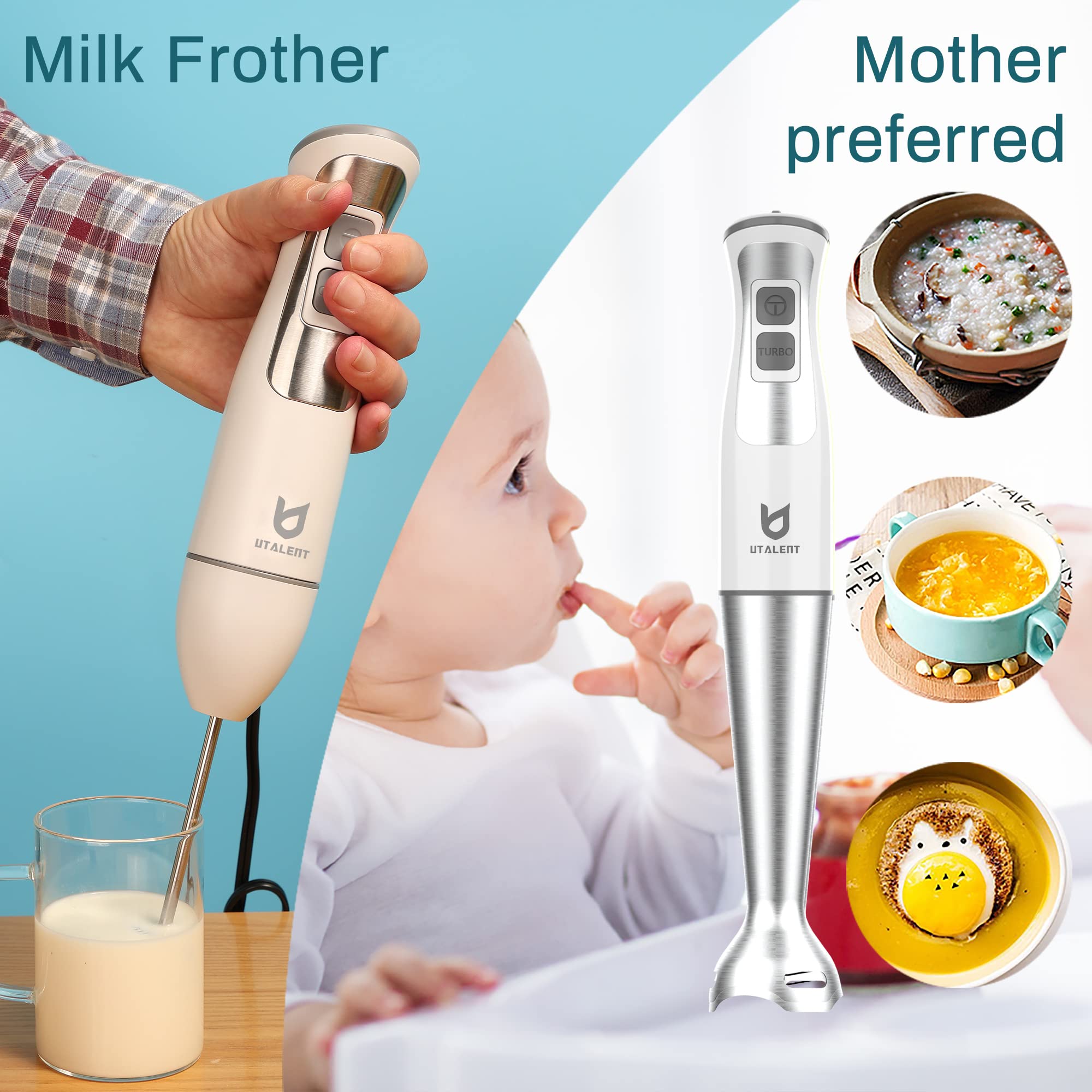 Immersion Hand Blender  UTALENT 3-in-1 8-Speed Stick Blender with Milk Frother  Egg Whisk for Smoothies  Coffee Milk Foam  Puree Baby Food  Sauces and Soups - White