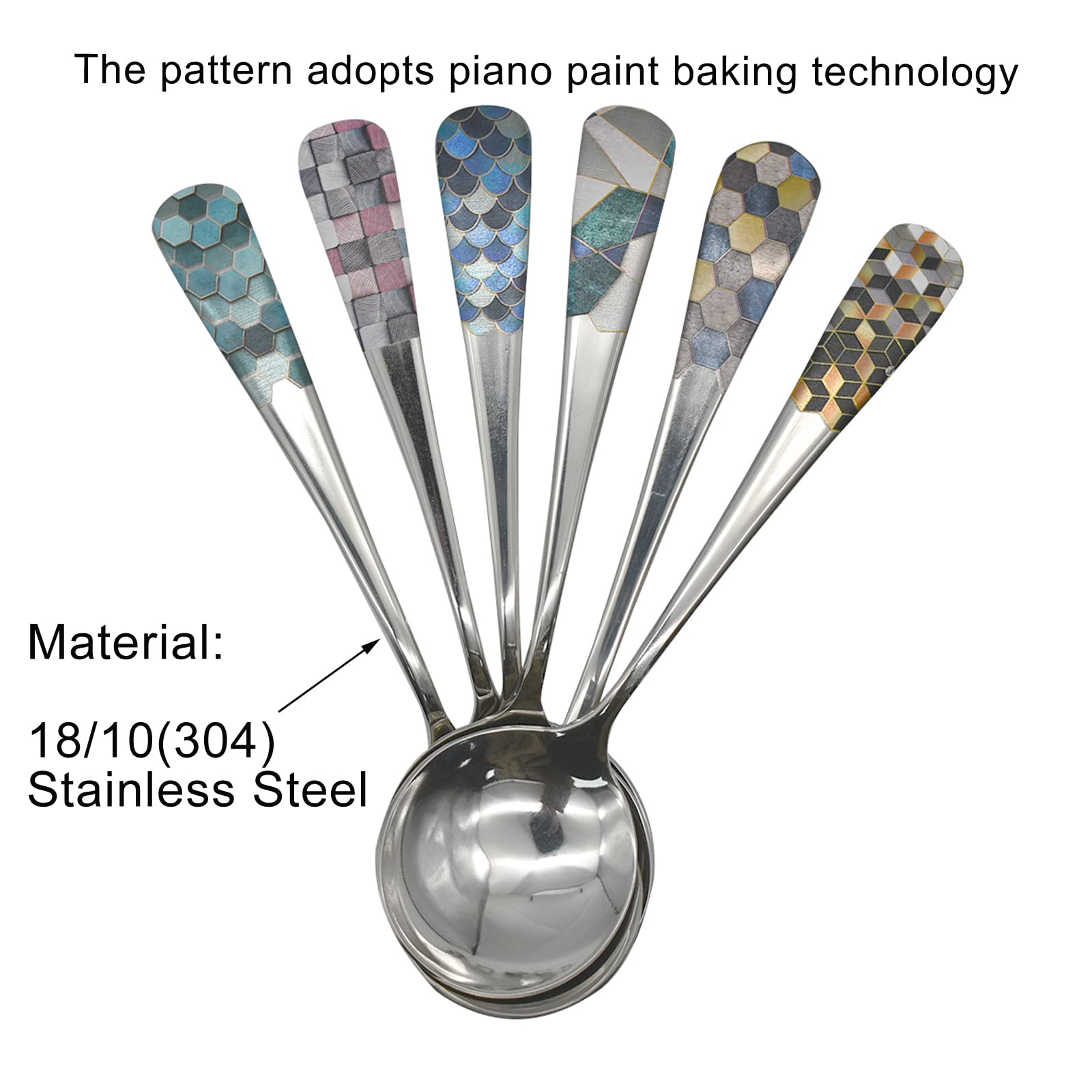 Pinenjoy 6Pcs Round Head Soup Spoons With Fashion Printing Pattern 6.22Inch Tablespoon 18/10(304) Stainless Steel Korean Spoons