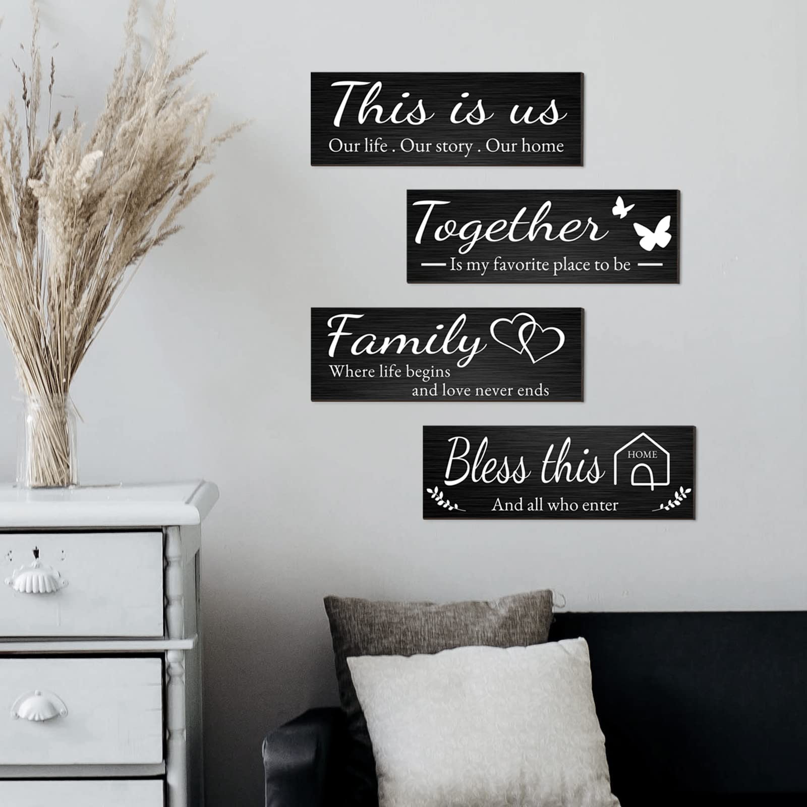 Joyhawk 4 Pieces Home Wall Decor Signs, THIS IS US/TOGETHER/BLESS THIS HOME/FAMILY Wall Decor For Living Room Bedroom, Rustic Wo