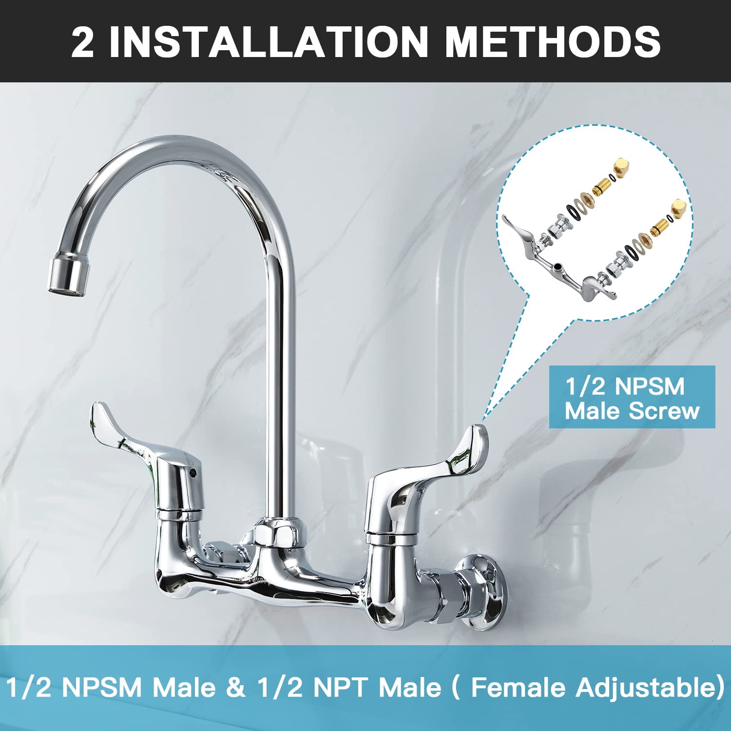 Favorpo Commercial Wall Mount Sink Faucet 8 Inches Center Wall Mounted Kitchen Faucet with 8 Inches Swivel Spout  2 Handle Wall-Mount Faucet for Utility Laundry Room Restaurant Sink