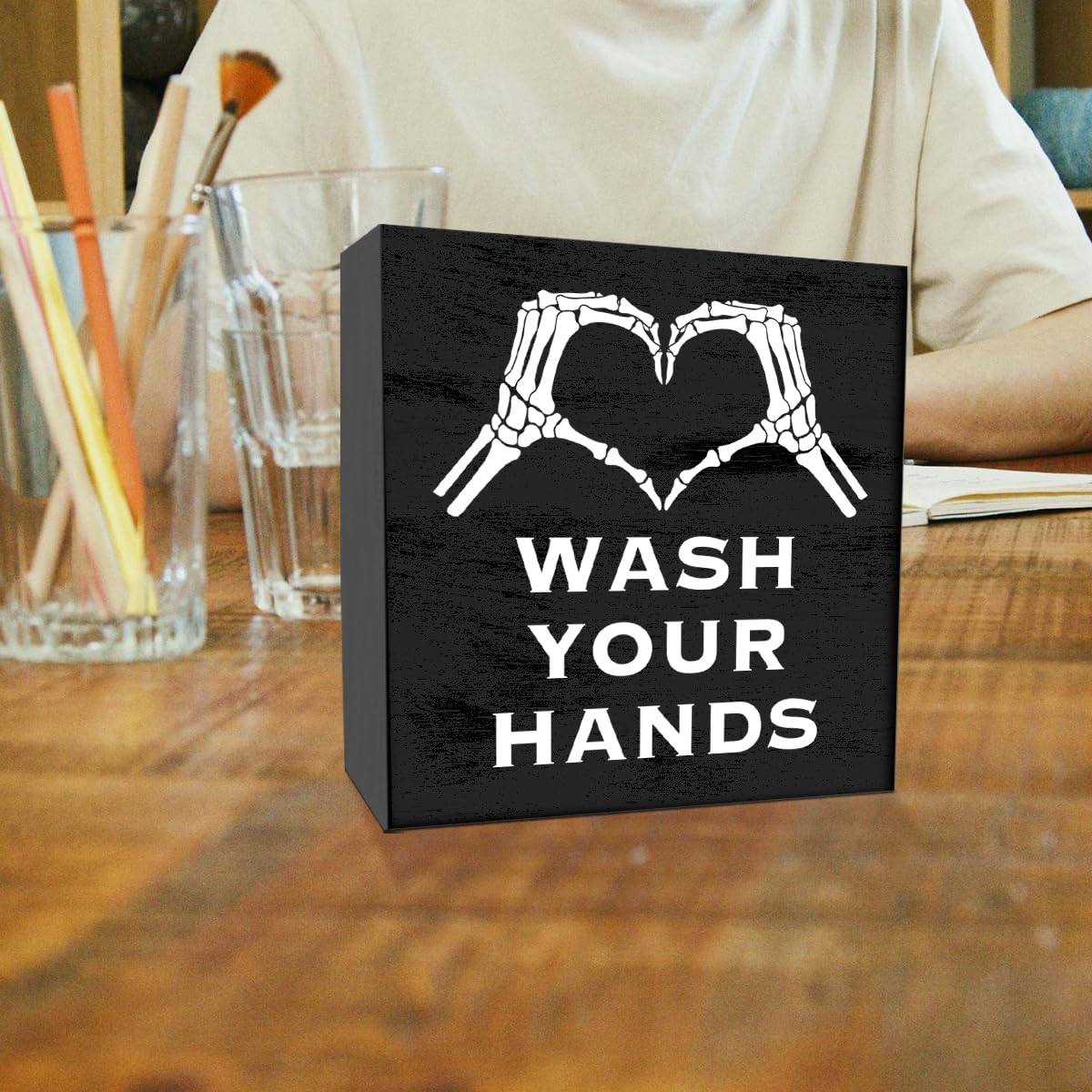 Gothic Bathroom Decor Wash Your Hand Black Wood Box Sign for Home Toilet Shelf Restroom Washroom Decor 5 X 5 Inches