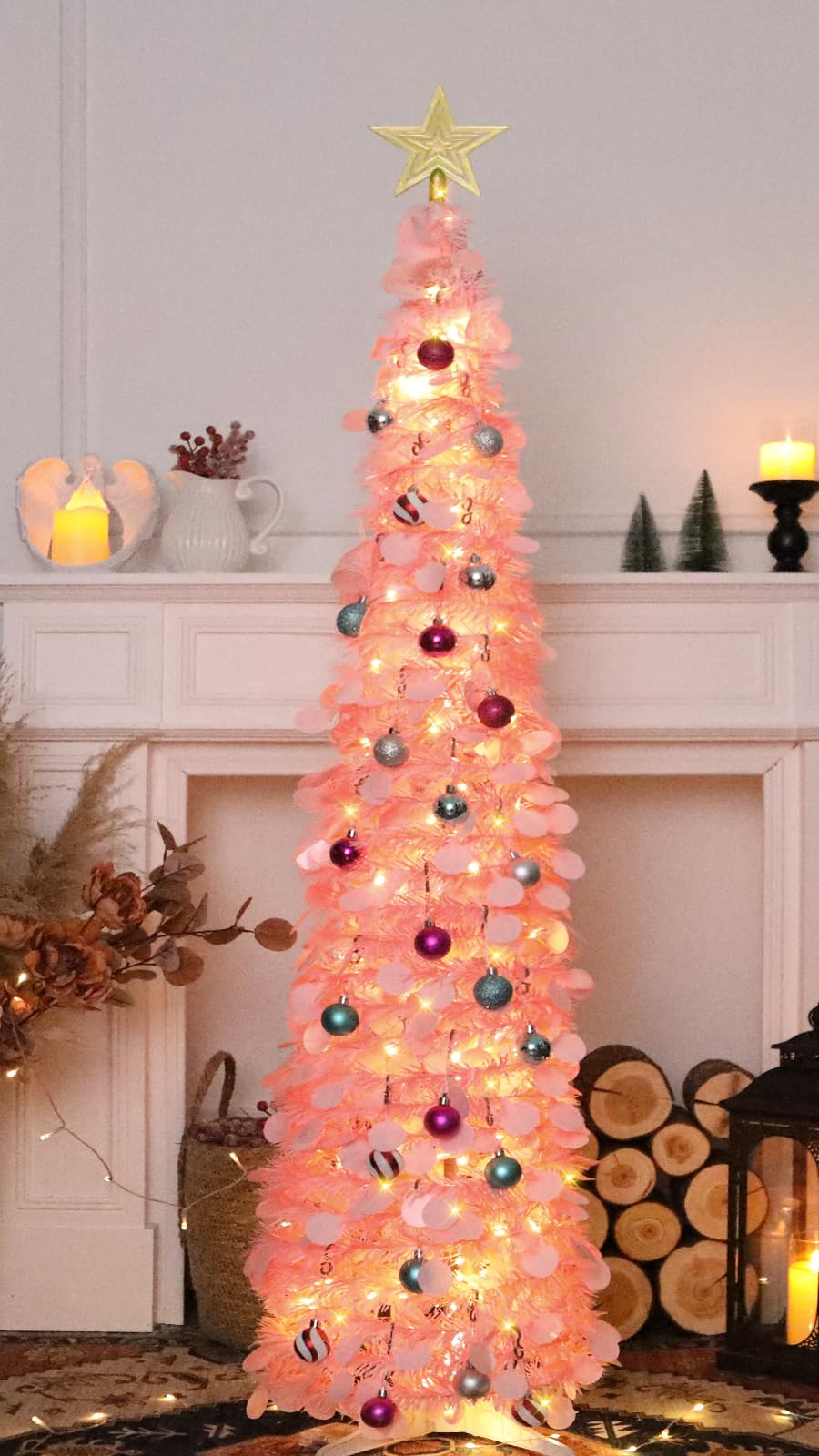 SINTENILL 5 FT Pop Up Christmas Tree with Timer Lights and Decorations, Pink Artificial Tinsel Christmas Tree with 24 Ball Ornam