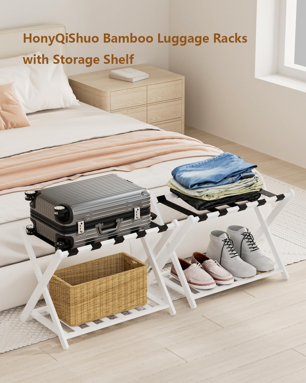 Luggage Racks, Set Of 2 Folding Luggage Rack For Guest Room, Bamboo Suitcase Stands With Nylon Straps, X-Shape Heavy Duty Luggag