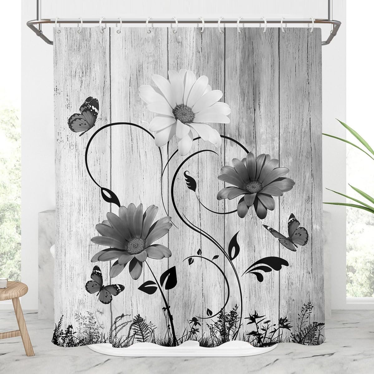Aatter Black And White Floral Shower Curtain Grey Gray Flower Rustic Vintage Butterfly Abstract Leaves Plant Botanical Polyester