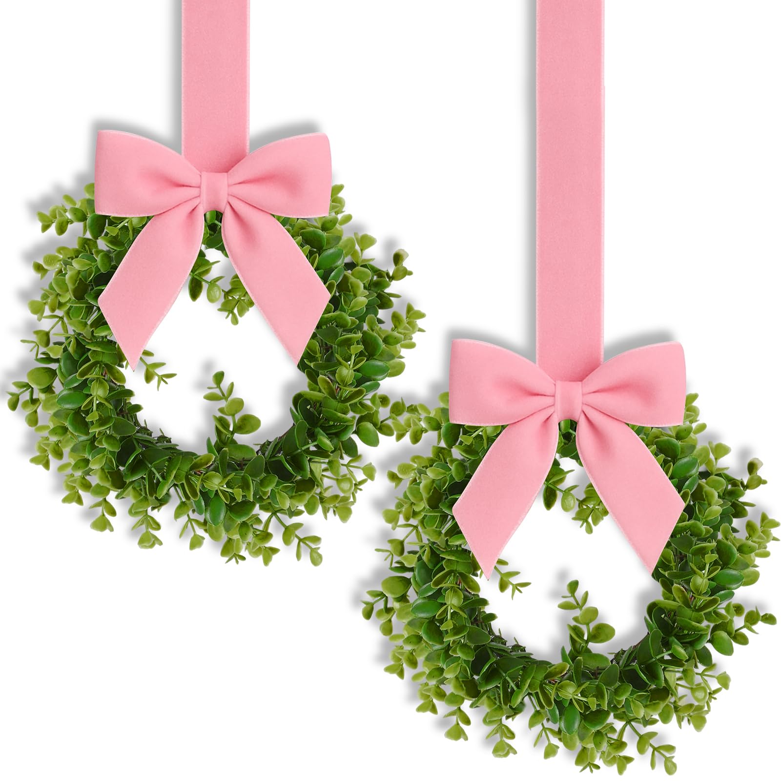 WILLBOND 2 Pcs Christmas Kitchen Cabinet Wreath Boxwood Garland with Ribbon Greenery Garland Hanging Wreaths for Cabinet Wall Wi