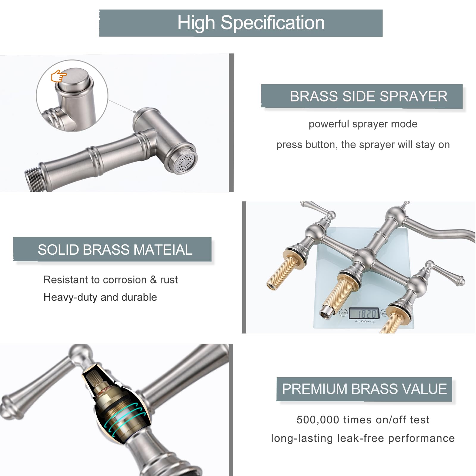WOWOW 8 inch Centerset Bridge Kitchen Faucet with Brass Side Sprayer 2 Handles 4 Holes Antique Classic Heritage Deck-Mount Kitchen Sink Faucet  Brushed Nickel