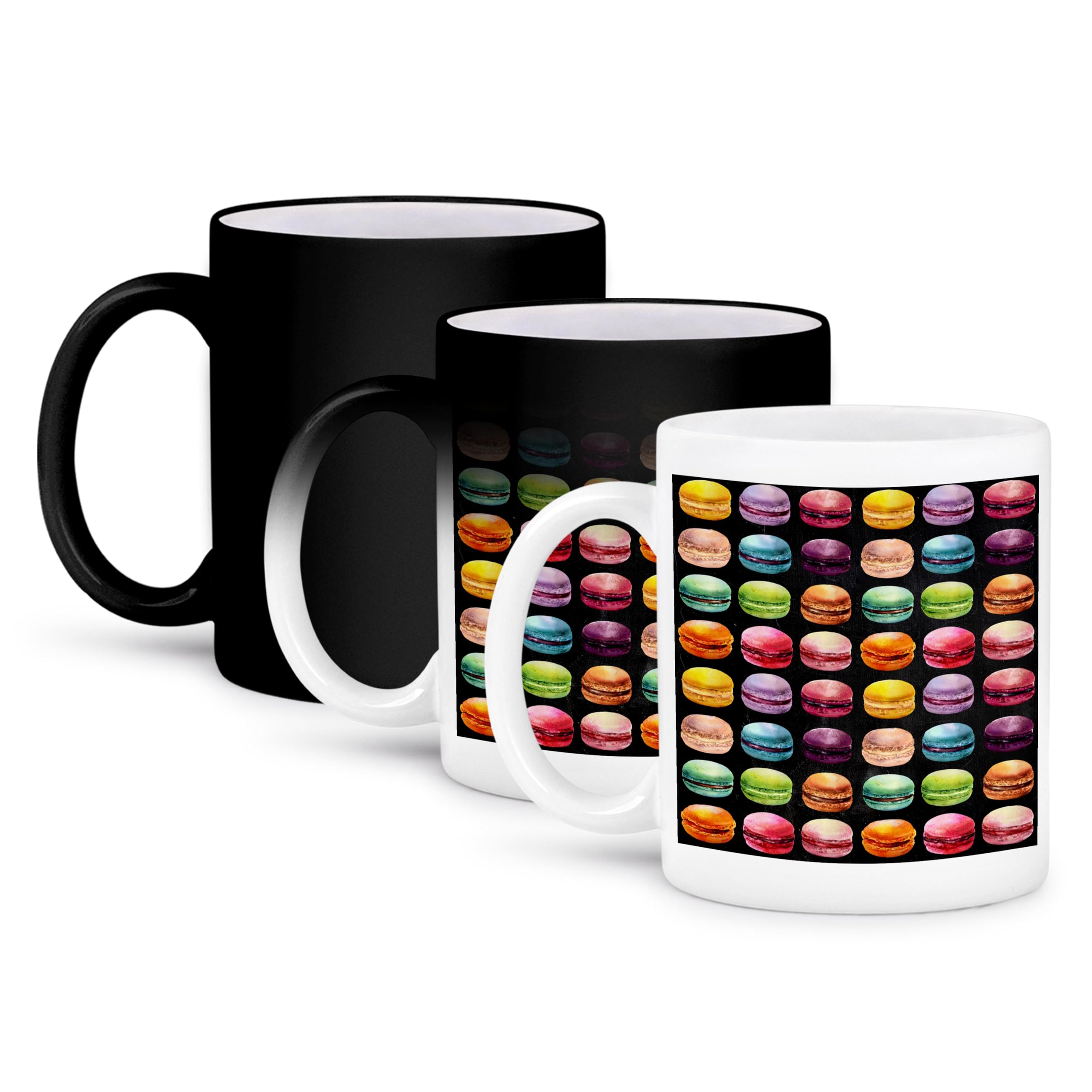 3dRose Cute French Macaroon Cookies Pattern On A Black Background 11oz Magic Transforming Mug