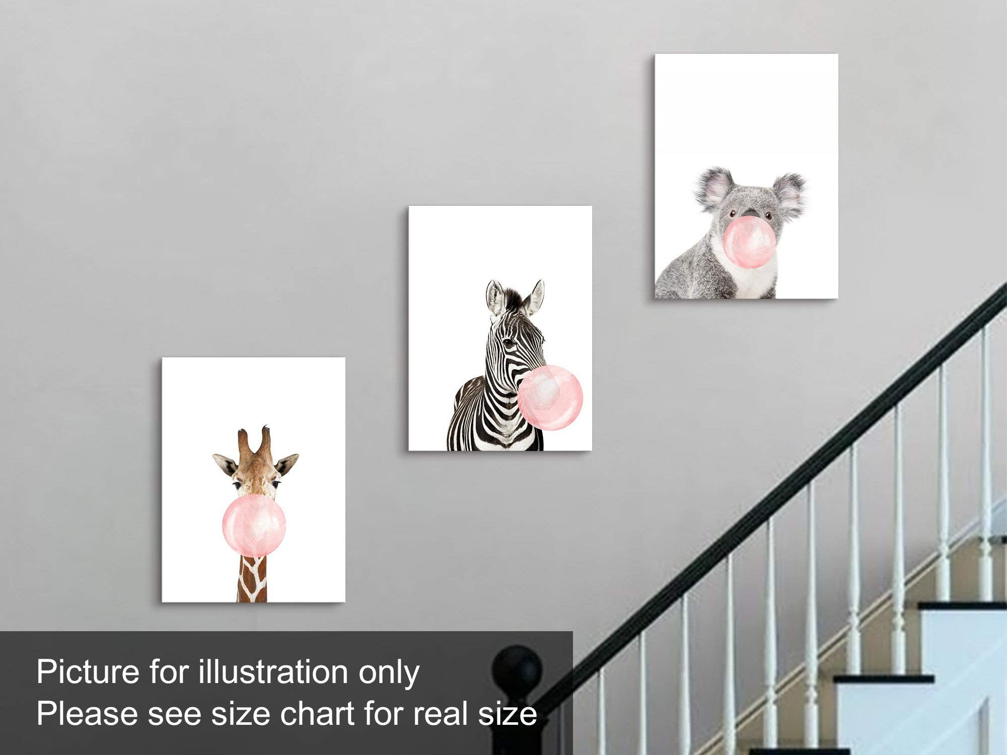 Niwo Art - Pink Bubble Gum, 3-Piece Animal Canvas Wall Art Home Decor,Framed Ready To Hang (16''X12''X3/4'')