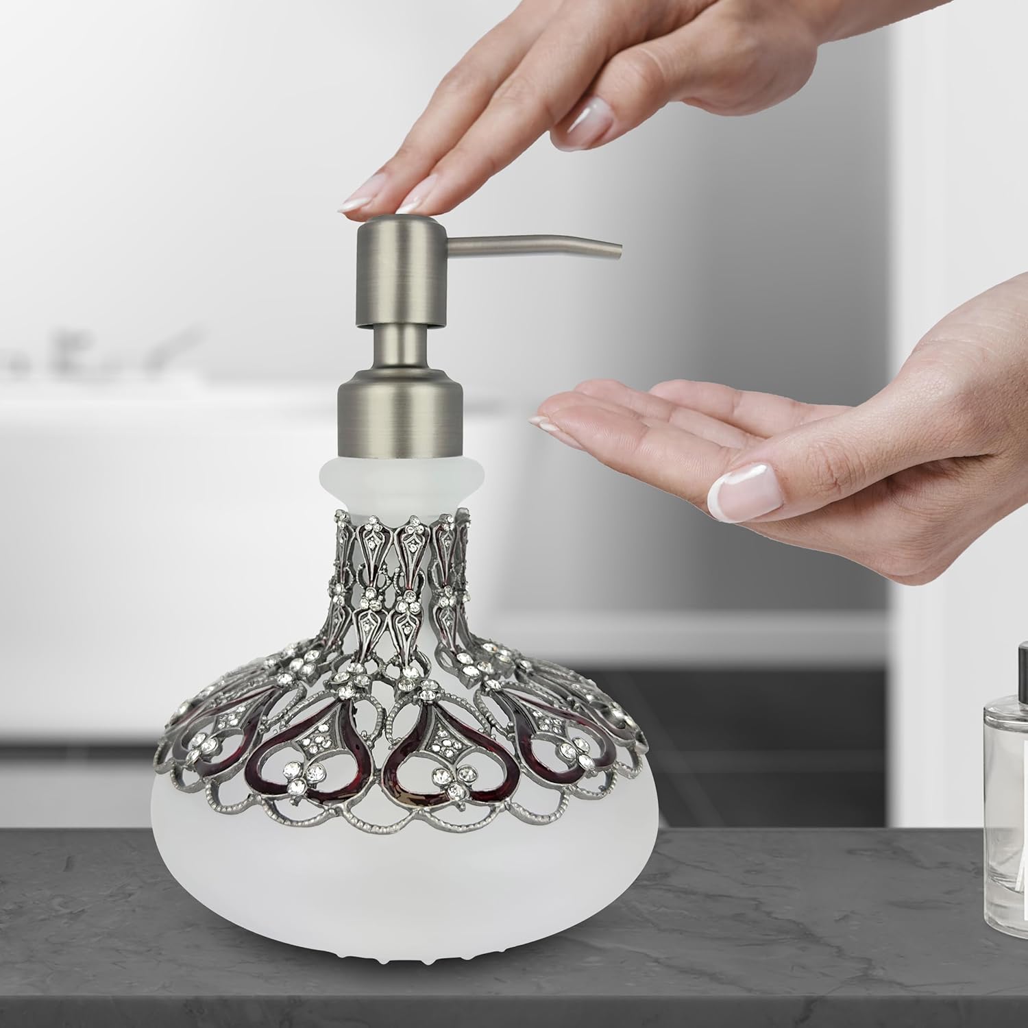 Oriana Soap Dispenser – Elegant 9 oz Frosted Glass Bathroom Decor with Rhinestone Pump