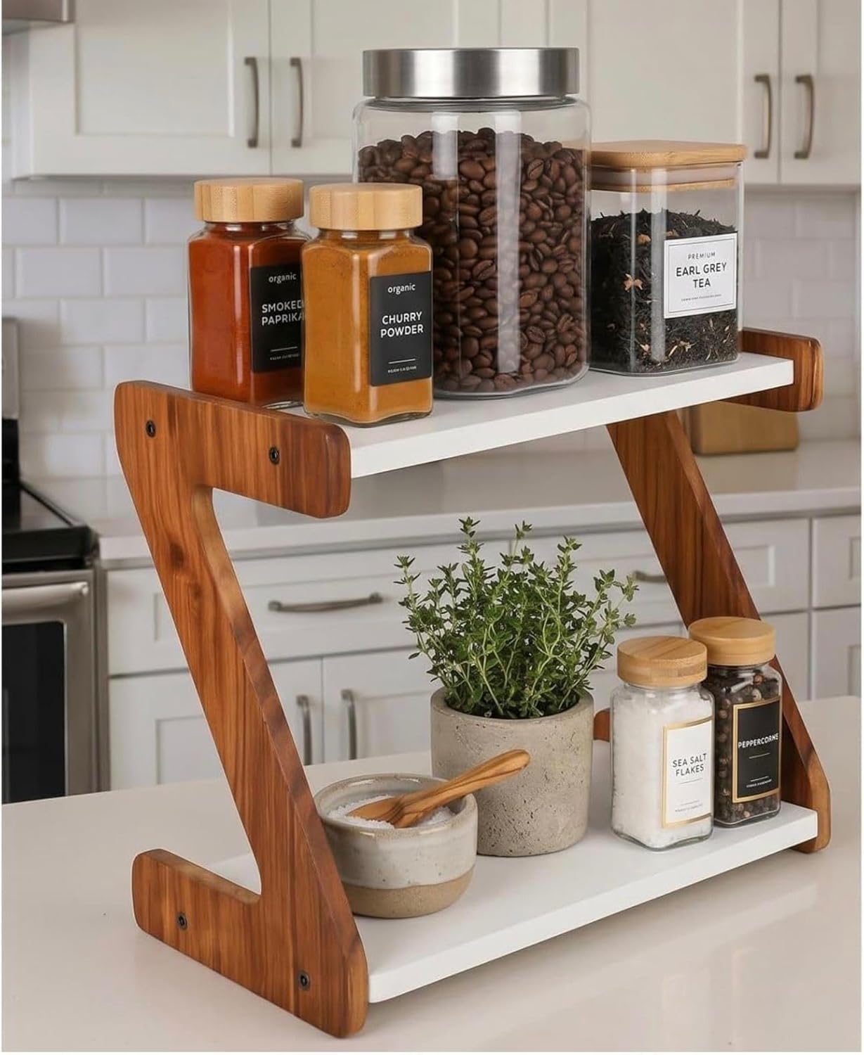 Wooden Countertop Spice Rack Organizer, 2 Tier Kitchen Storage Shelf For Spice Jars, Coffee Syrups, Tea, Seasoning Bottles, Bath