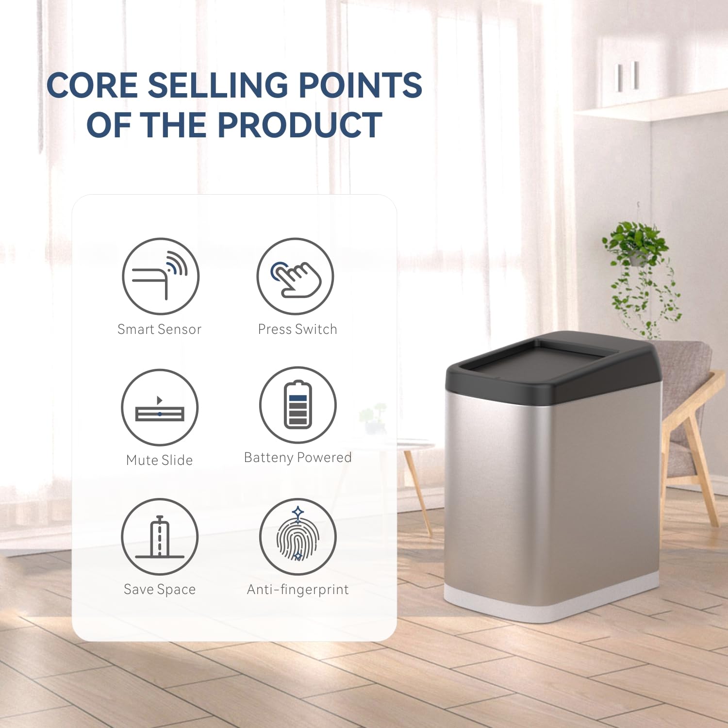 Ello&Allo 50 Liter 13 Gallon Touchless Rectangular Automatic Motion Sensor Trash Can For Kitchen, Brushed, 13 Gallon Black/Stain