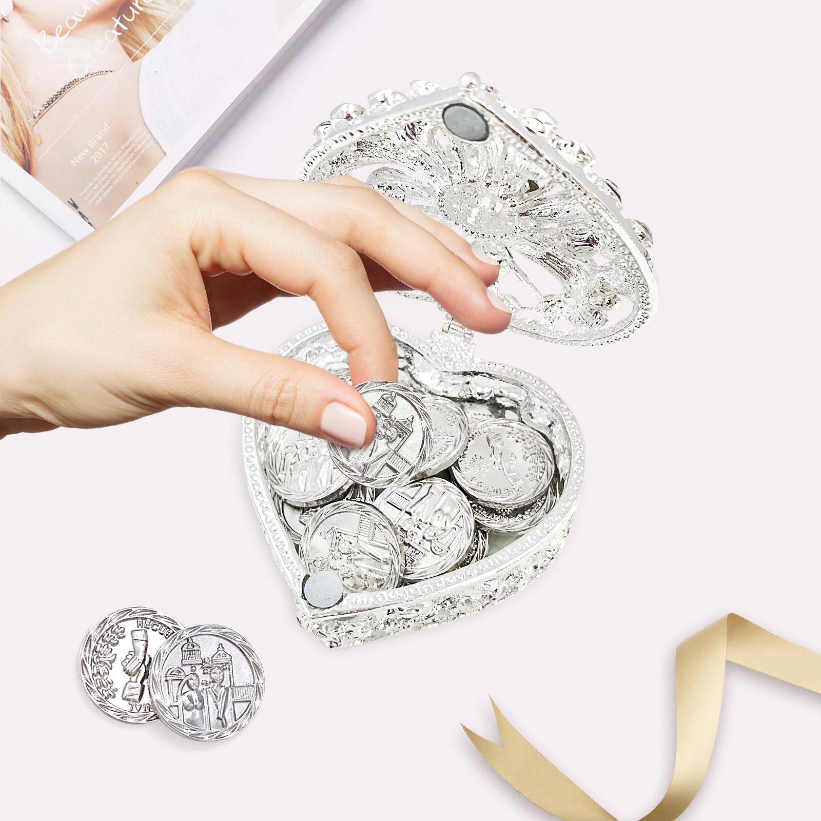 Wedding Arras Coins Set, Arras De Boda Catolica, Arras Para Boda Catolica Silver Heart Shaped Box with Decorative Rhinestone Cry