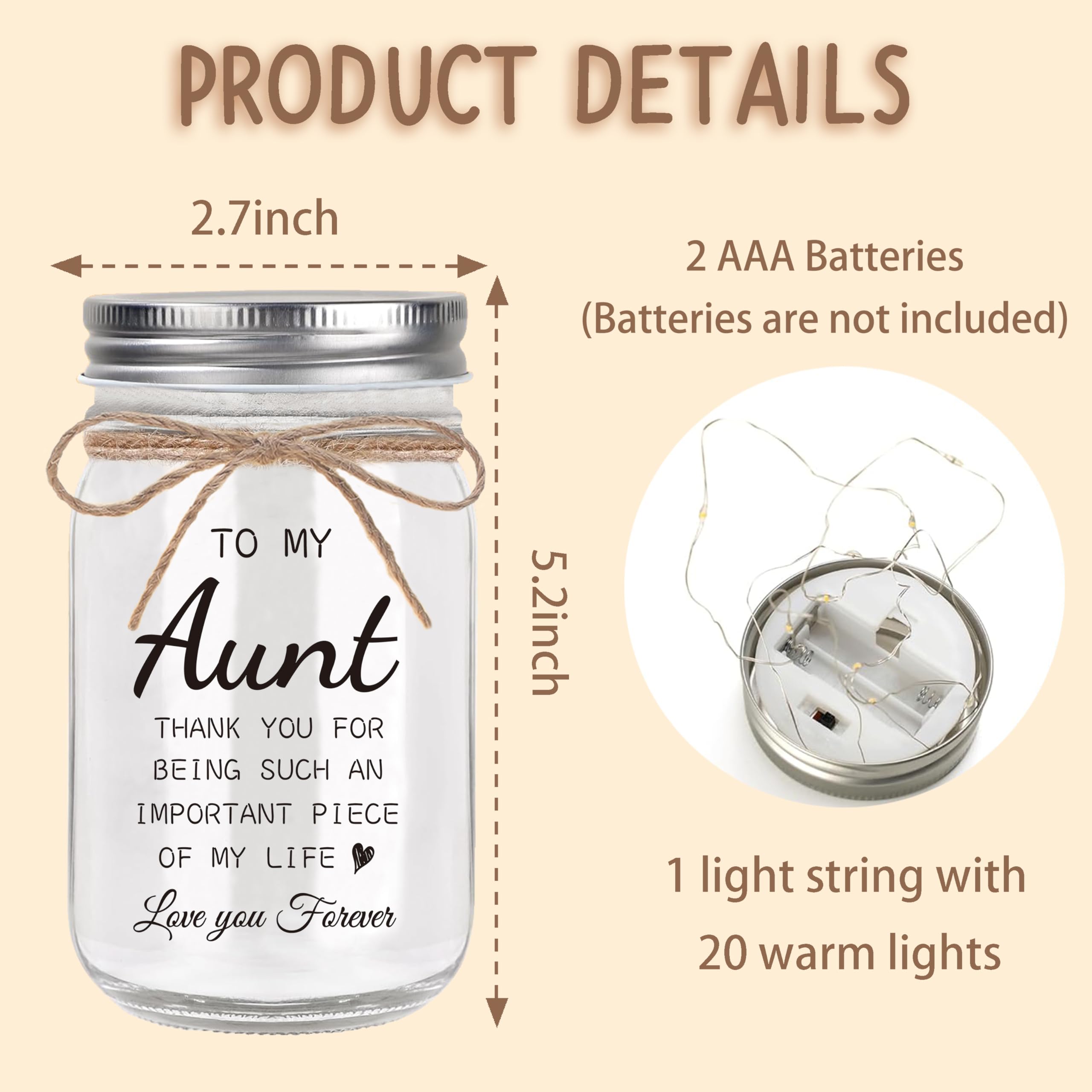 YOISTREVISK Aunt Gifts from Niece - Mason Jar Night Lights for Christmas Wedding and Birthday Desk Decorations Present Mother s