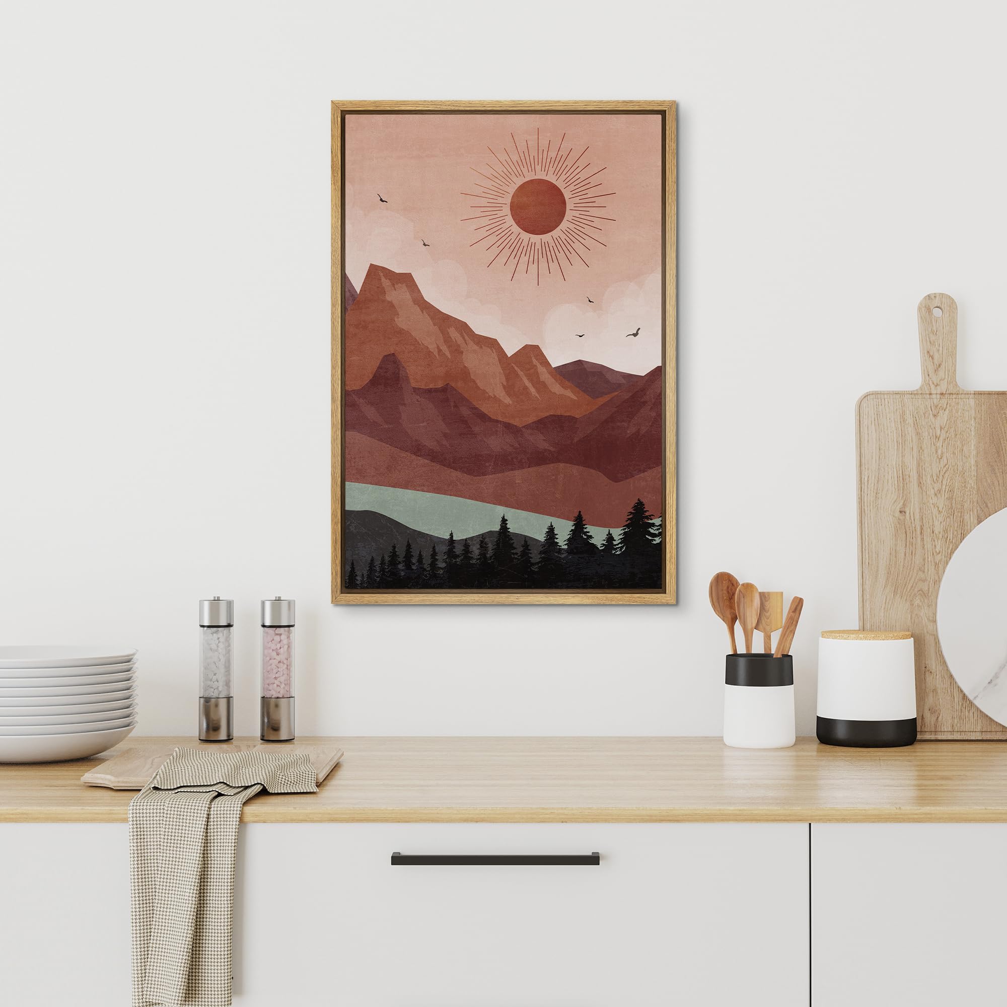 Signford Framed Canvas Print Wall Art Sunset Over Mountain Range With Silhouetted Trees Nature Wilderness Illustrations Decorati