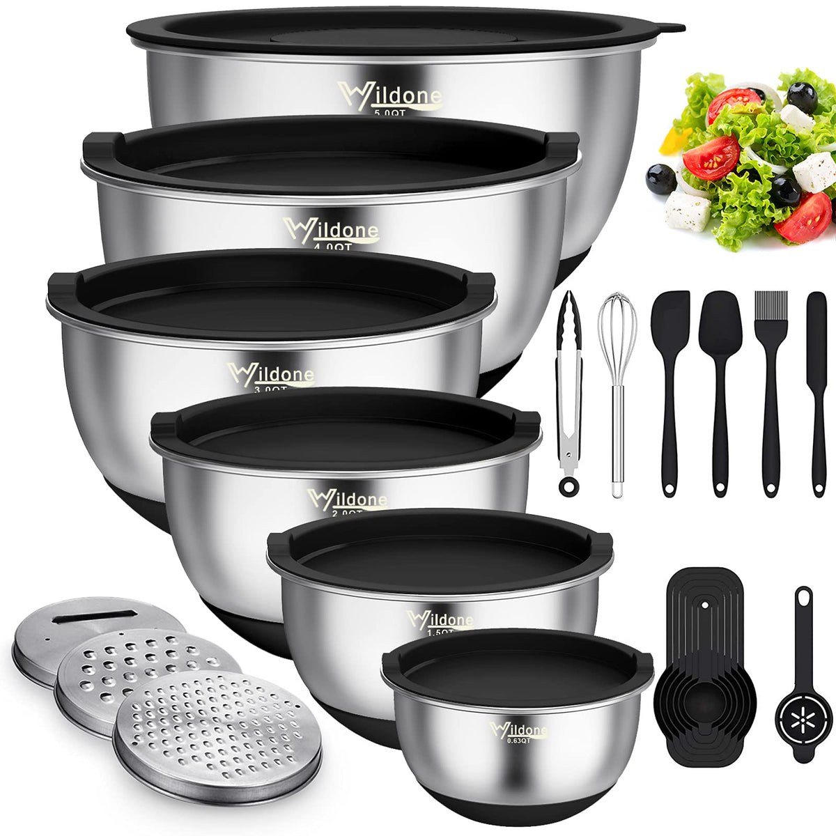 Wildone Mixing Bowls With Airtight Lids, 22 Pcs Stainless Steel Mixing Bowls Set, 3 Grater Attachments, Measurement Marks & Non-
